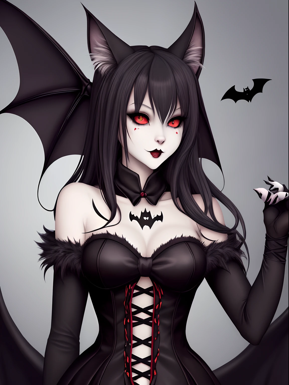 Vampire female cat anthro furry who has bat wings and vampire features, not overly feminine, halloween and emo vibes. Furry original character, anthro animal