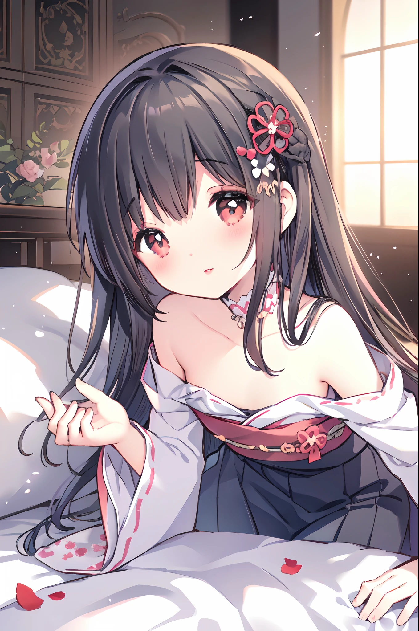 (loli girl, small short figure girl, cute and petite girl little sister aura:1.5), detached sleeve, Married, Japanese bride, Wedding, wedding hakama skirt, yamato nadeshiko, 1girl, solo, outdoor, cute japanese model girl, very long hair, floral print, wedding hair ornament, wedding kimono, hakama, bangs, (masterpiece, best quality, HD Pictures, 4K:1.2), gentle look, gentle smile, gentle eyes, mature looking, pinkish cheeks, very detailed eyes, very detailed pupils, very detailed hair, furisode, flower head accesories, from front pov, detailed face, full body, look up to viewer, close up to forehead, leaning forward to viewer, detailed long black hair, (lying on bed, off shoulder, blushing red cheeks, kiss to audience, pinkish lips:1.4)