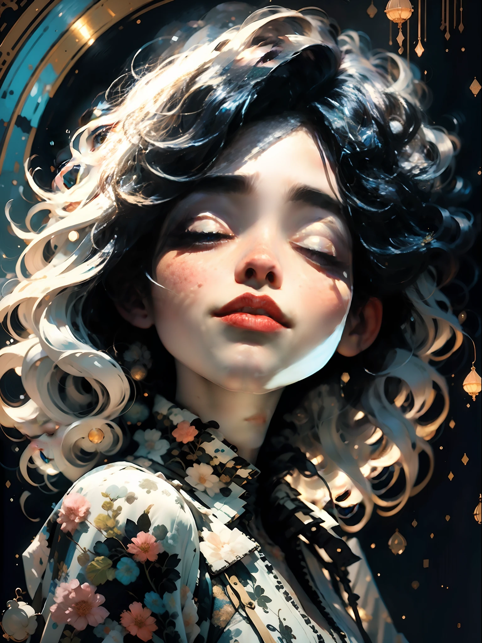 a girl with black smocks covering her eyes with White ribbons, in the style of yuumei, hyper-realistic portraiture, rococo pastel hues, monochromatic color scheme, leiji matsumoto, david nordahl, imitated material --ar 3:4