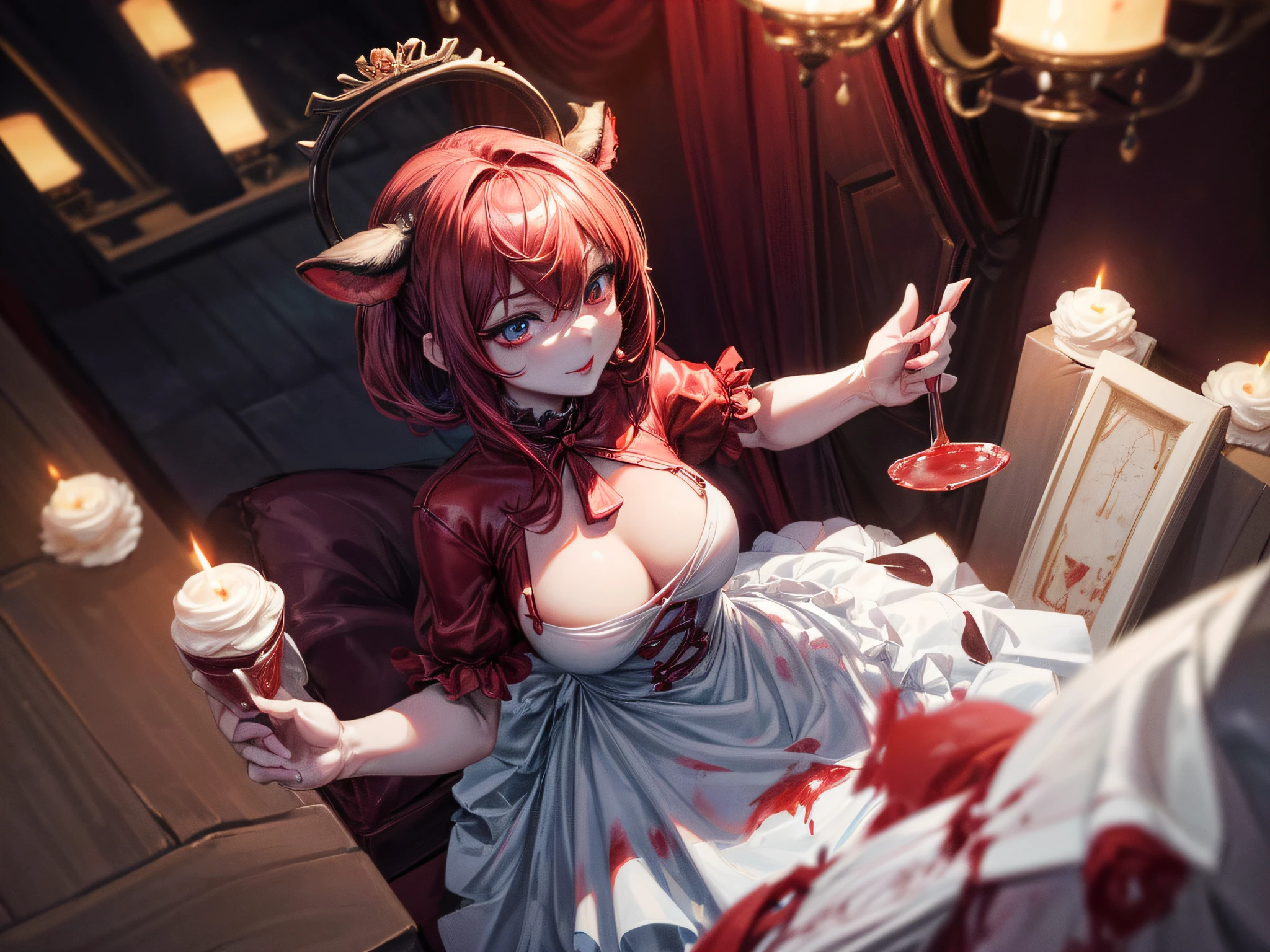 a 3D picture of extremely (beautiful cow (anthropomorphic:1.3) looking at (red MasterChef style cake: 1.5), an exquisite beautiful female (cow anthropomorphic:1.3), ultra feminine ultra detailed face, red hair, short hair, little fury, red lips, blue eyes, wearing sexy white seductive latex dress, blood stains on the dress, looking at a red Bakeoff, award winning cake, 2 floors, decorated with red whipped cream, and artful stylish decorations, blood dripping from the cake, dark castle style kitchen background, dim candles light, dark fantasy art, gothic art, dynamic angle, best details, best quality, 16K, [ultra detailed], masterpiece, best quality, (ultra detailed), full body, ultra wide shot, photorealistic, 3D rendering,