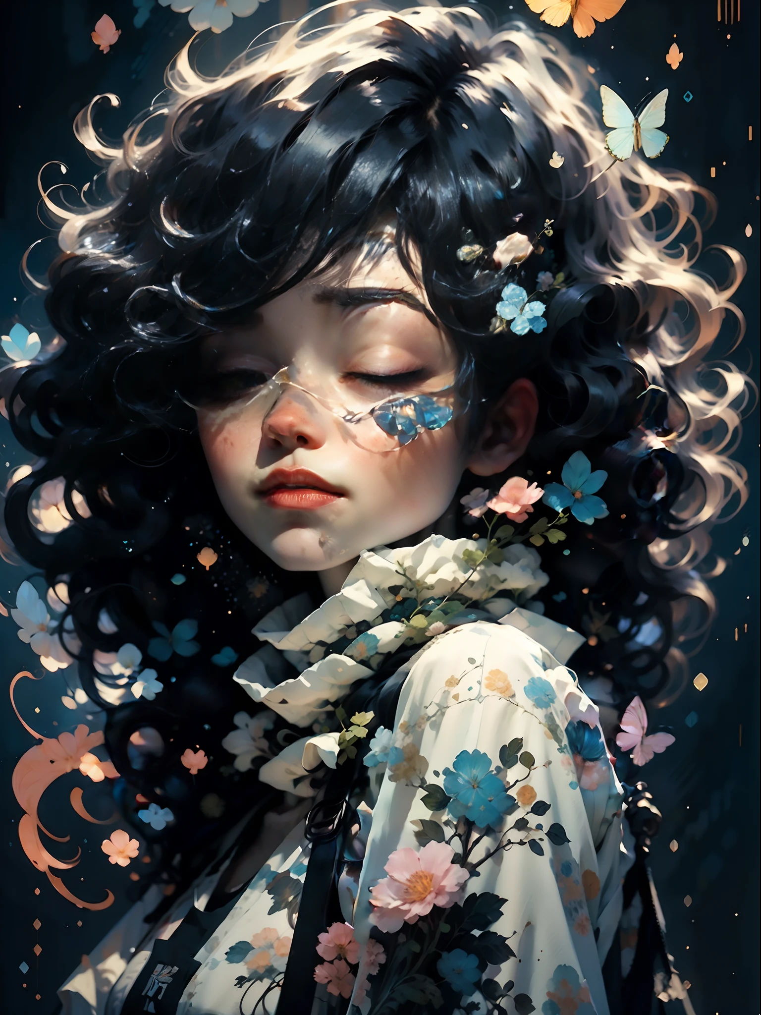 a girl with black smocks covering her eyes with White ribbons, in the style of yuumei, hyper-realistic portraiture, rococo pastel hues, monochromatic color scheme, leiji matsumoto, david nordahl, imitated material --ar 3:4