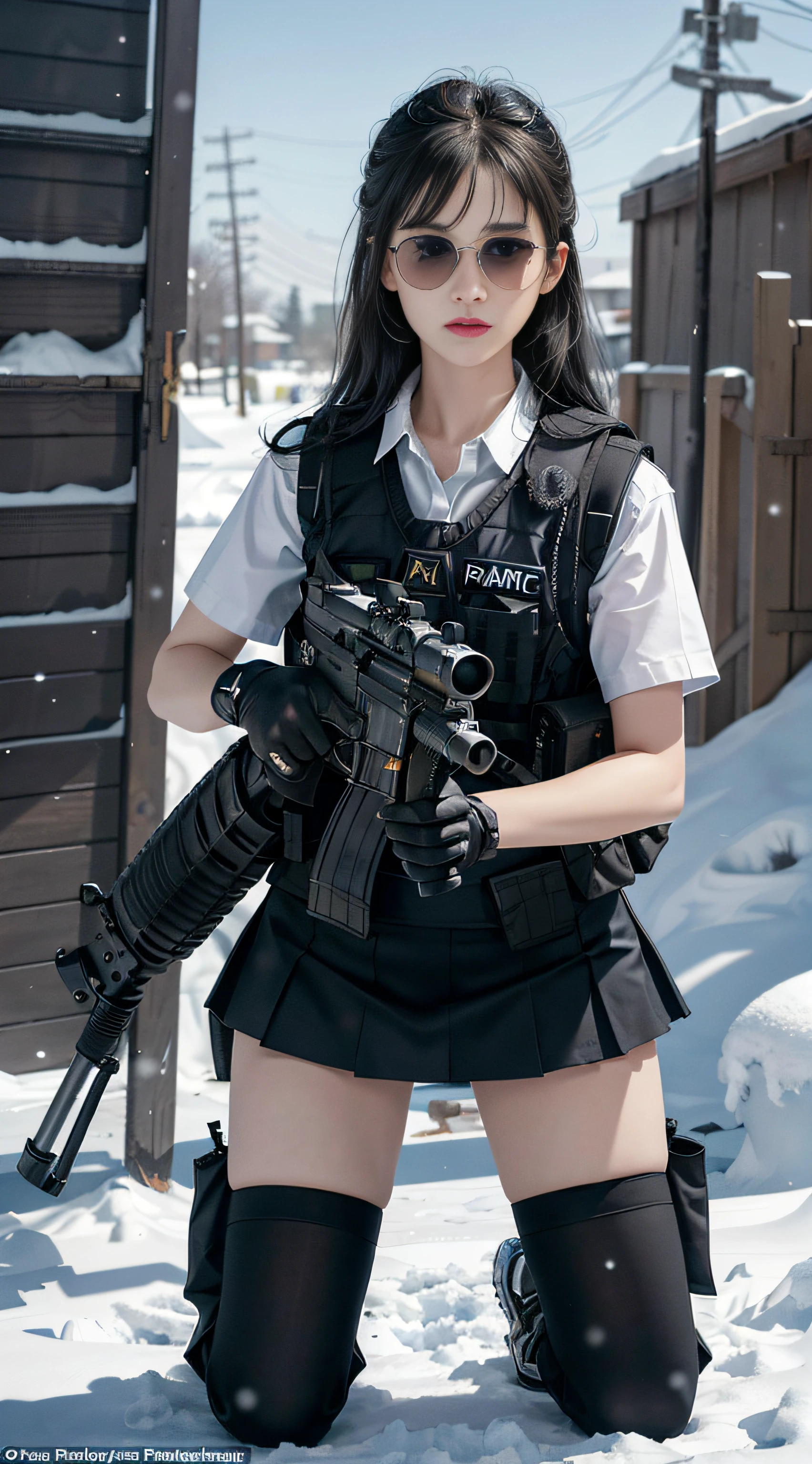 ((Best quality)), (Masterpiece), Photorealistic, Photorealism, A girl kneels and aims with an AK-47 assault rifle, Mini skirt, (upper legs), Photorealistic, high resolution,Snow background, looking to the camera, (Detailed face), Long black hair, SWAT vests, Gun, jewelry,Black gloves, sunglasses on head, Fingers are occluded