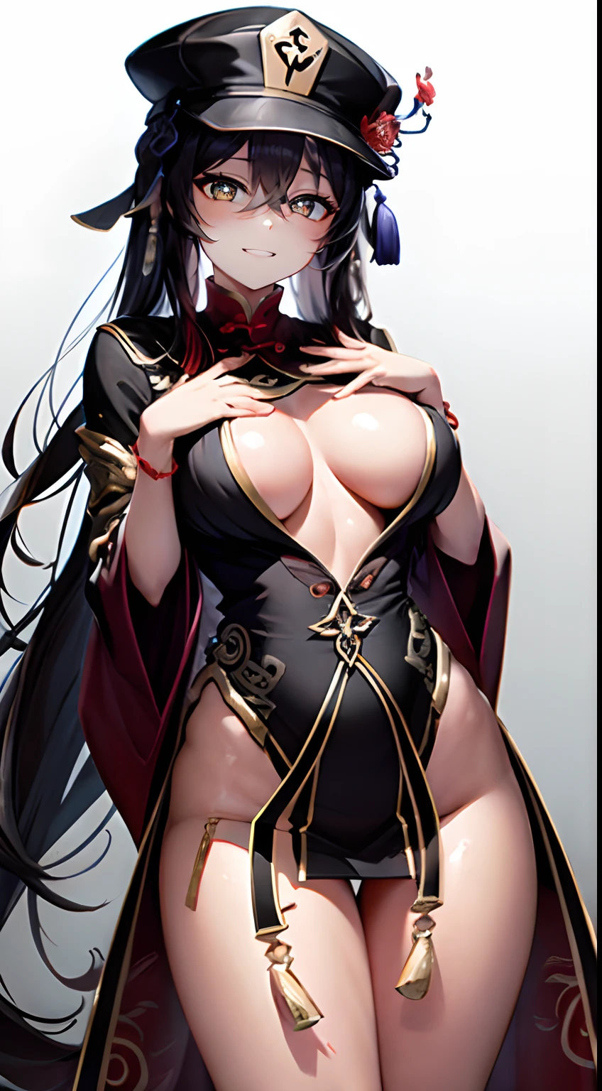 Very beautiful composition, nature in the background, Extraordinarily beautiful composition, can be seen in full growth, ultra sharp image, Beautiful figure, Gloomy sexy pose background, stands sideways, ultra detail face, Ultra Transparent, Hu Tao from Genshin Impact, black cloak, Japanese Black Cap, red-eyes, yellow flowers instead of pupils, ultra sharp image, Ultra Beautiful, beautiful breasts. black  hair, Beautiful figure, taut clothes, Smiling, handsome body, sexy clothes, Beautiful eyes, very detailed eyes, Very detailed face, handsome body, Cherecter Desing, Sex position, Very detailed, Detailed body, Detailed hands, Detailed, Vibrants, Detailed Face, sharp-focus, WLOP, artgerm, anime art, Vibrants, Detailed Face, Hugh Details, sharp-focus, Very drooping face, A detailed eye, super fine illustration, better shadow, finely detail, Beautiful detail