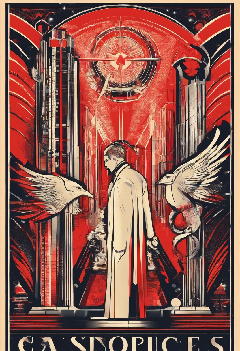 A scientist in a scientific coat turned his back to us，looking at the stars，hard core，Technologie，Red monochrome,USSR Poster,urss,communism