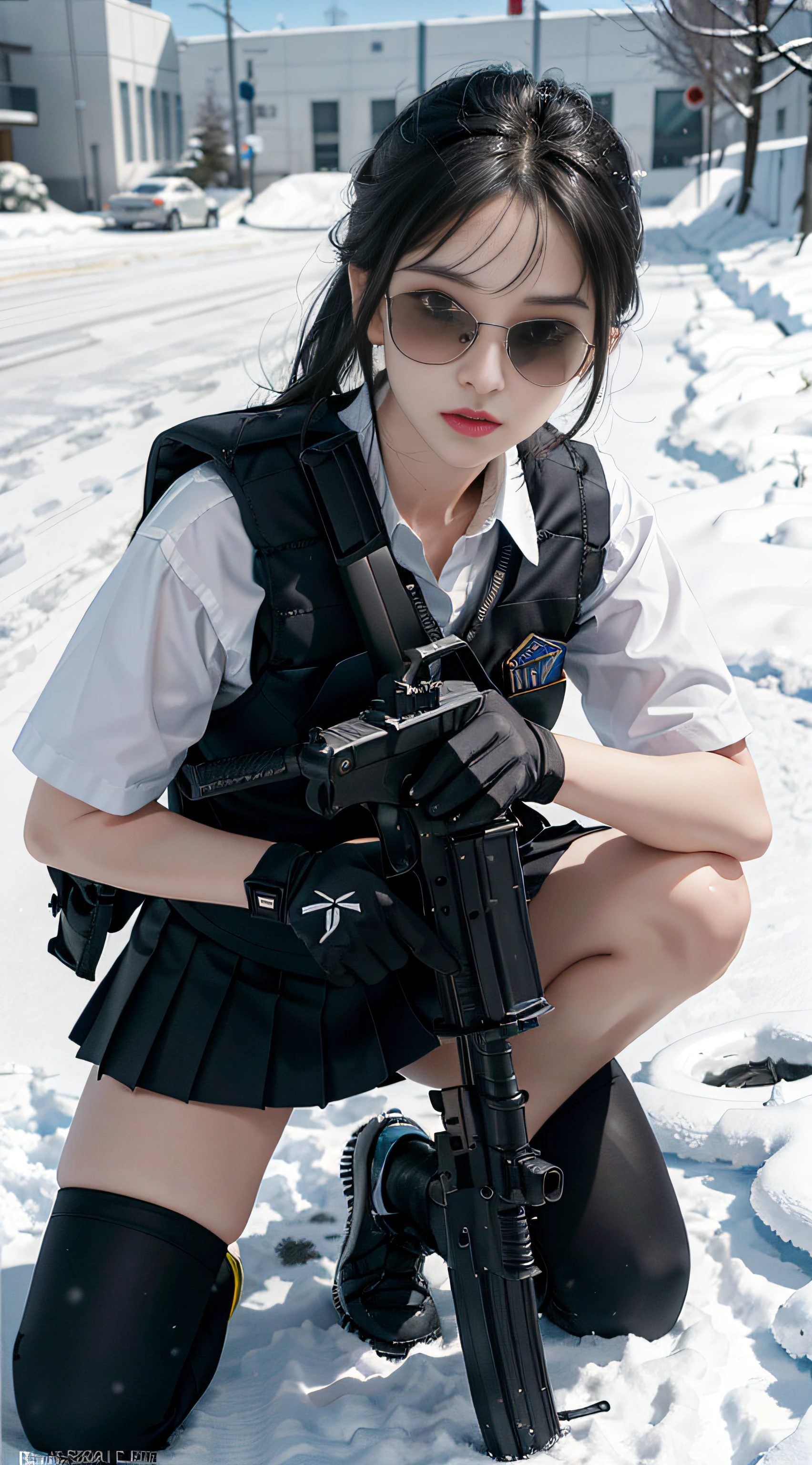 ((Best quality)), (Masterpiece), Photorealistic, Photorealism, A girl kneels and aims with an AK-47 assault rifle, Mini skirt, (upper legs), Photorealistic, high resolution,Snow background, looking to the camera, (Detailed face), Short black hair, SWAT vests, Gun, jewelry,Black gloves, sunglasses on head, Fingers are occluded