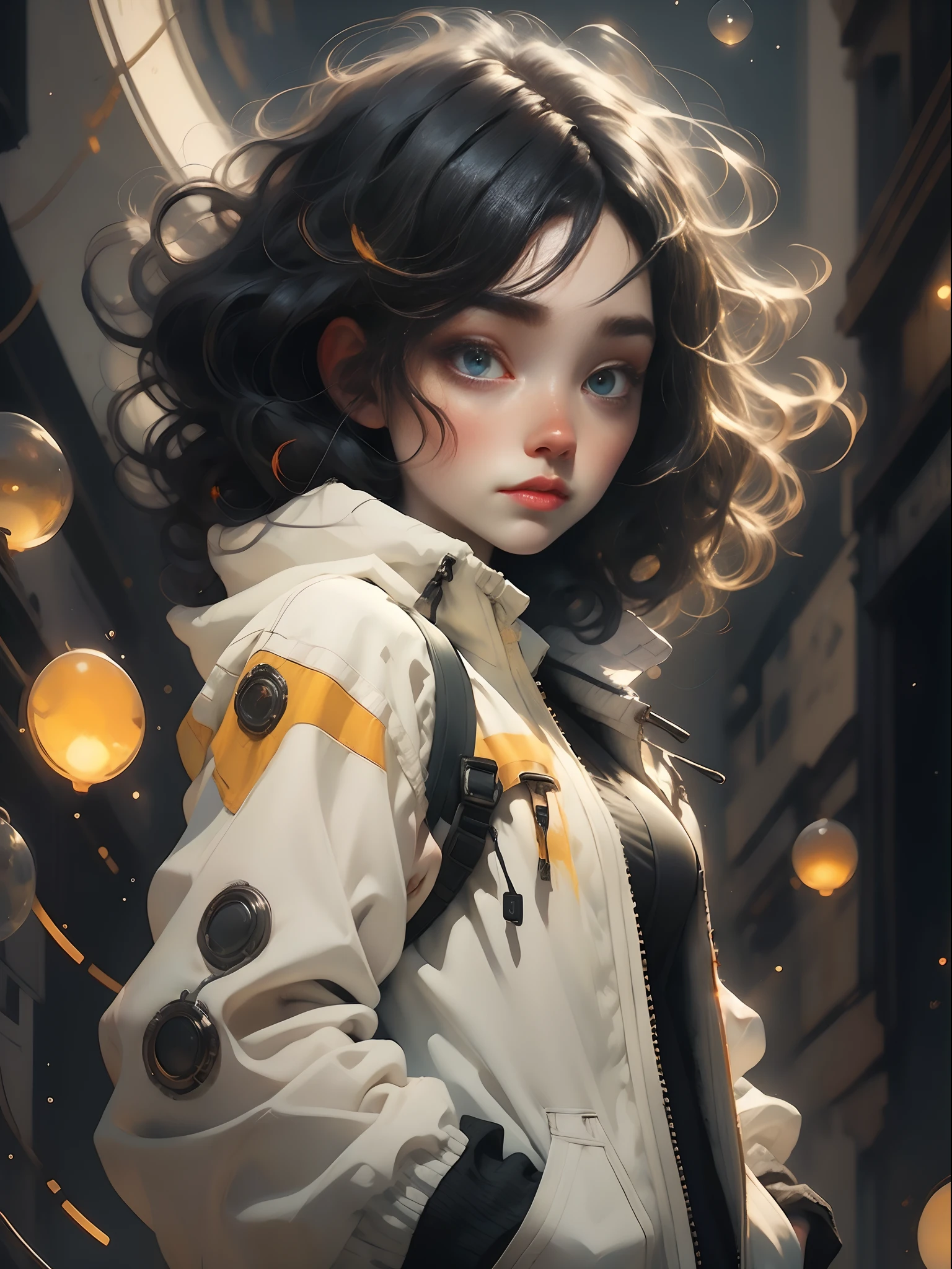 A girl, yellow jacket, hands in pockets, staring at another person, long black hair, heterochromic eyes, heterochromic eyes, heterochromic pupils, 8k resolution, very detailed, anatomically correct, digital painting, concept art, Makoto Shinkai style, clear picture,