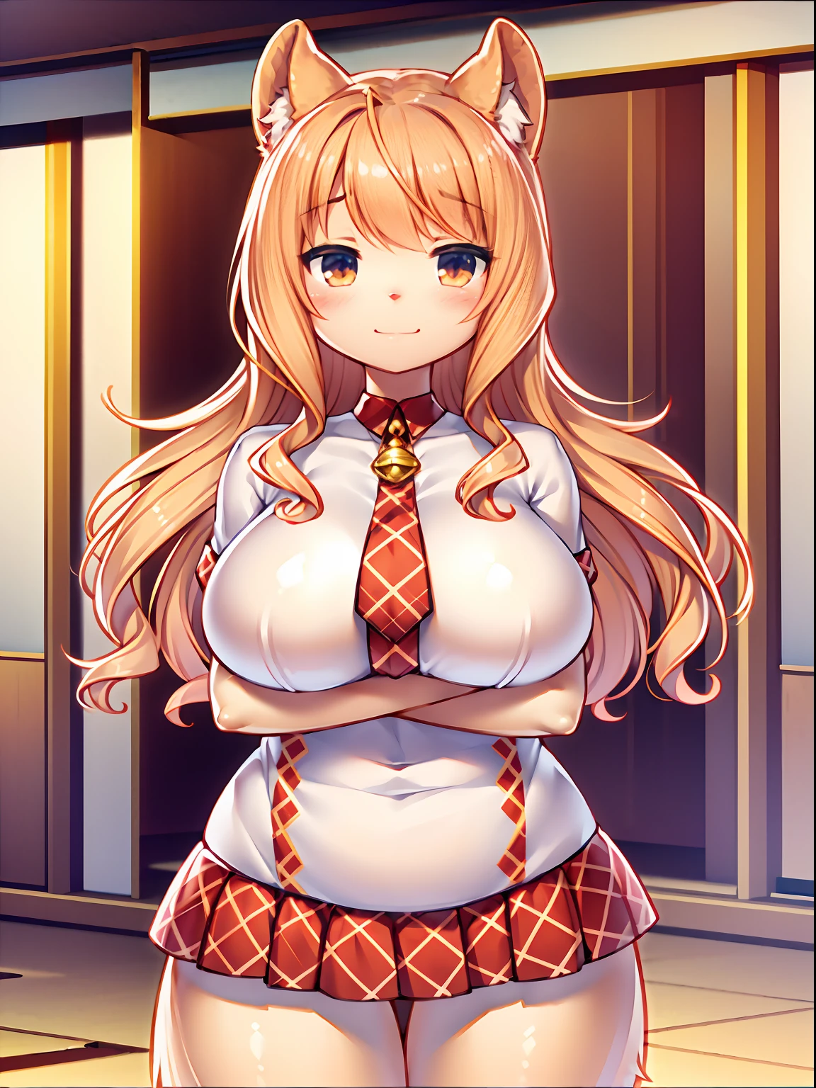 NSFW, masterpiece, best quality, highres, manhattancafe, ahoge, yellow eyes, (hair over eyes:1.2), hair between eyes, horse ears, horse tail, blonde, necklace, earrings, kogal gyaru, jewelry, hair ornament, bracelet, (tan), (makeup), polished nails, long fingernails, sagging breast, huge breast, dress shirt, red skirt, pleated skirt, bra peek, leopard print, dark skin, (sweat:1.2), 😄, thighhighs, pussy juice, doorway, entrance, door open