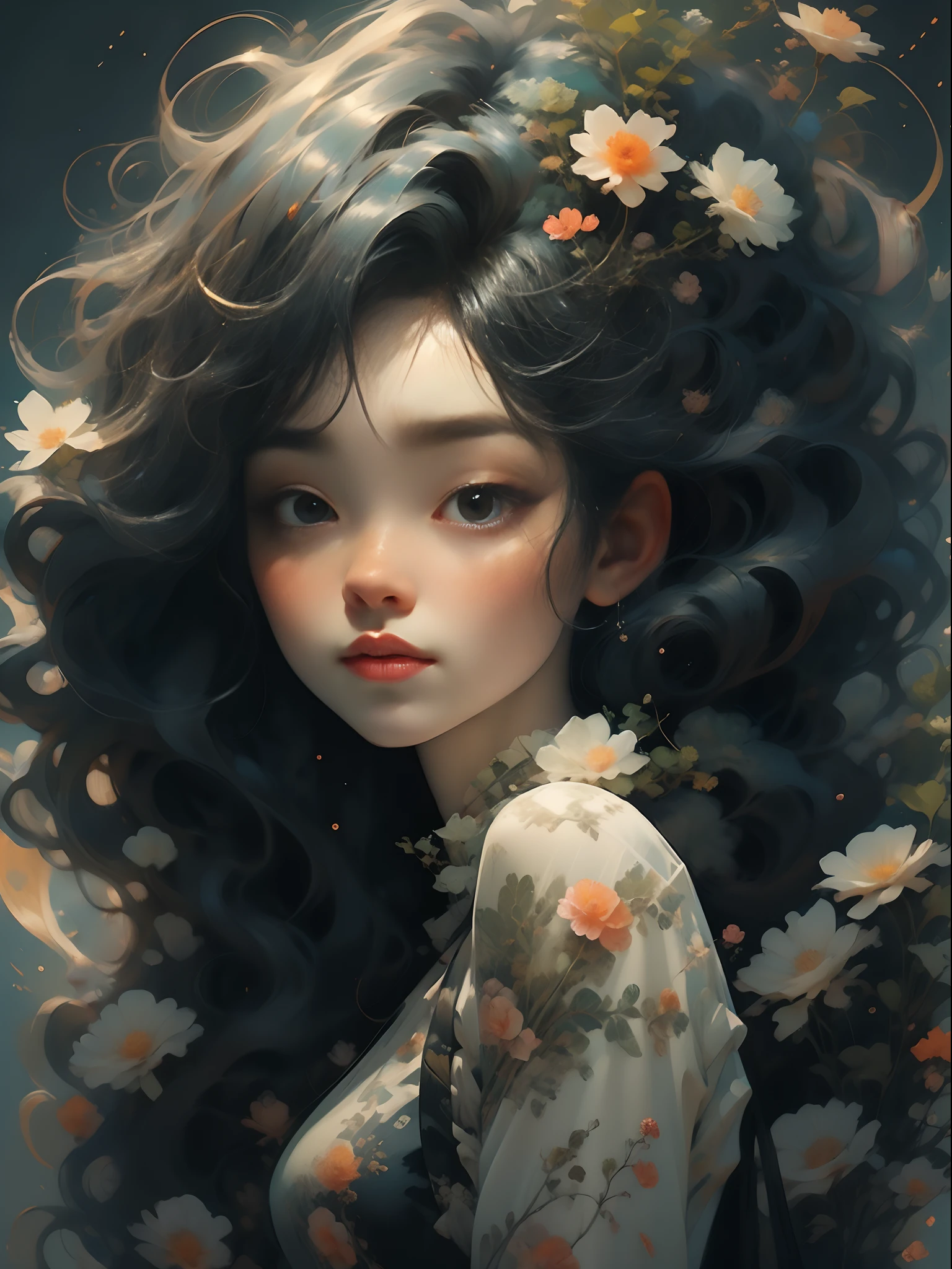 a flirtatious young lady touching a flower, in the style of digital painting and drawing, anime aesthetic, thai art, aurorapunk, mono-ha, serene faces --ar 81:128 --s 50 --style expressive