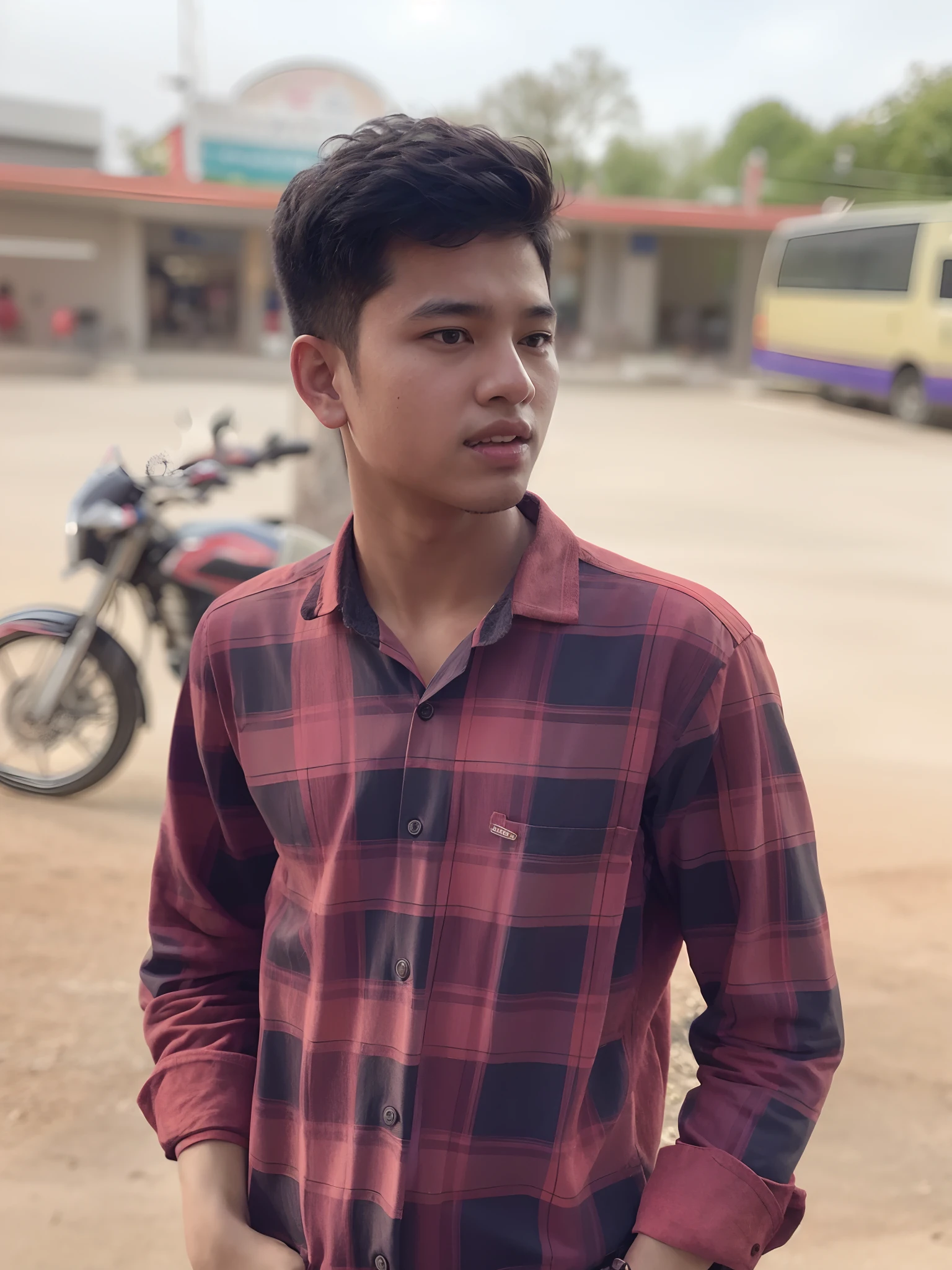 arafed man standing in a parking lot with a motorcycle in the background, nivanh chanthara, around 1 9 , thawan duchanee, ayan nag, 2 4 - year - oln, nuttavut baiphowongse, mohamed chahin, photo taken in 2 0 2 0, teenage boy, , young man