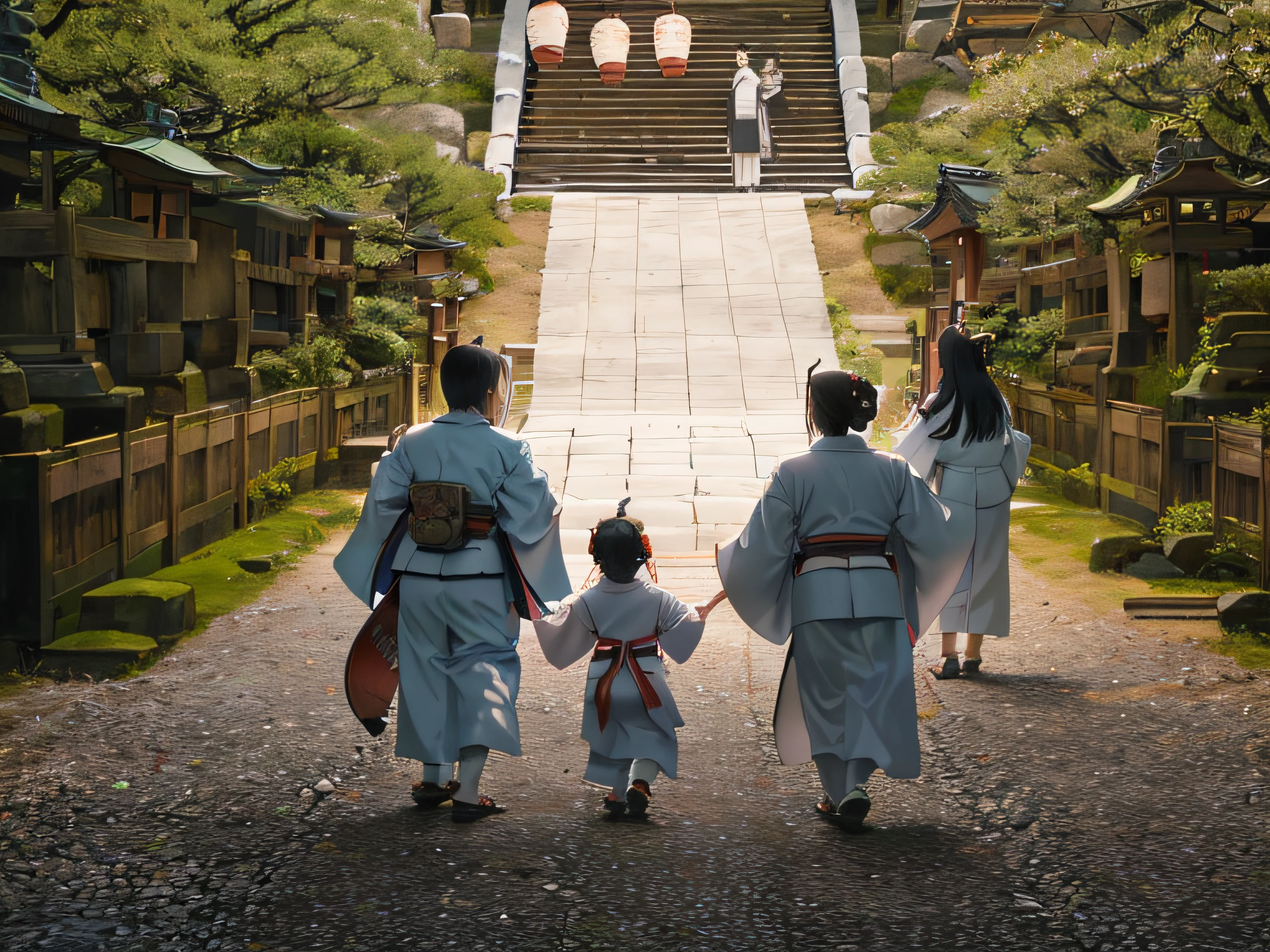 Three people in kimonos walking along the road towards the temple, japanese heritage, japanese temples, flowing white robes, feudal japanese setting, japanese temples, inspired by Sesshū Tōyō, live action movie scene, traditional japanese, near a japanese shrine, opening scene, dressed in white robes, Like Kyoto, japan deeper travel exploration