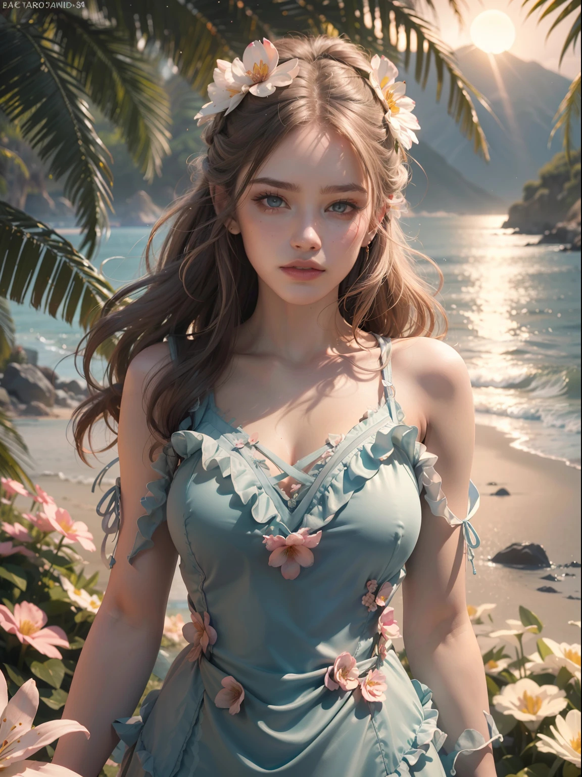 lndswgnr_V1.0, (Sharp focus: 1.5), (Sharp focus:1.2), Portrait, Attractive young woman, (Beautiful face:1.1), Detailed eyes, lusciouslips, (Eye makeup:1.2), (Tight body:1.2), Wearing (flowery dress:1.2) at (sea beach:1.2). (Early morning sun illumination:1.2), Depth of field, Bokeh, 4K, hdr. By (James S. Christensen:1.2|JeremyLipking:1.1).