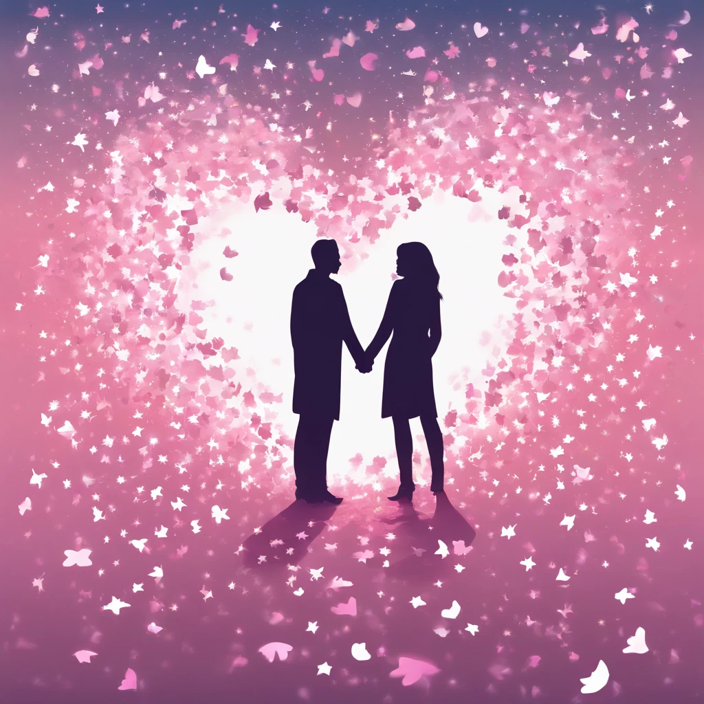 On a gradient background of light pink and white, In the center, You can see the silhouettes of two people standing hand in hand, Small heart-shaped confetti and shining stars are scattered. The edges are surrounded by fresh petals