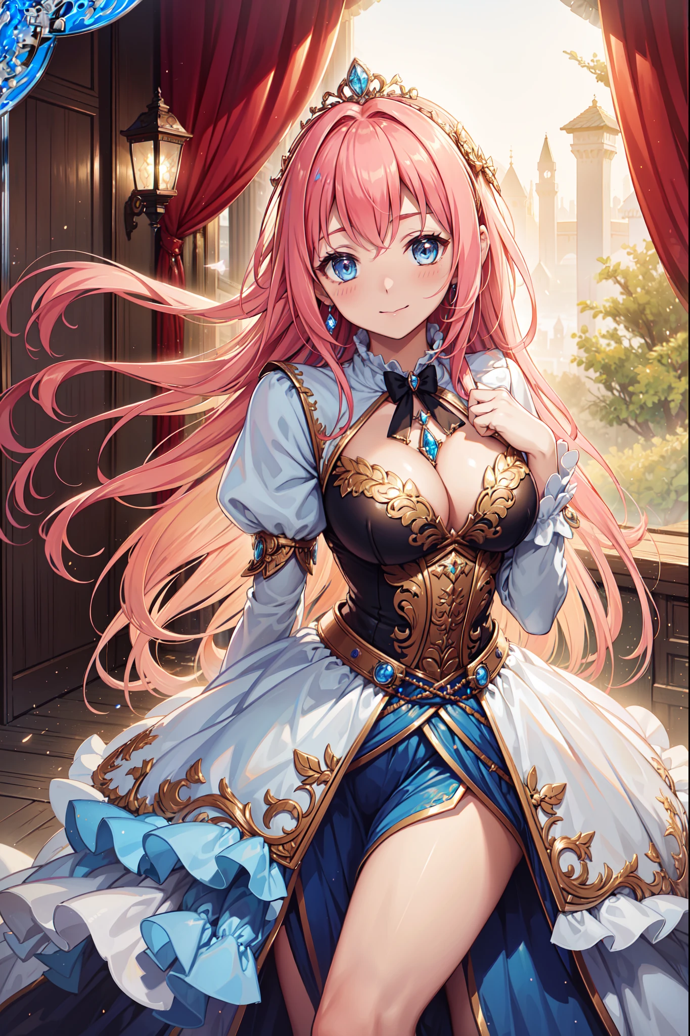 (Best quality, A high resolution, Textured skin, High quality, High details,Extremely detailed CG unity),teens girl,Enchanted,Divine happiness,Being in love,(Light Victorian princess dress:1.2),Pink hair,eBlue eyes,(Gorgeous tiara of the princess),Maximalism,Ruffles,Translucent lace,Multi-colored cloth,Delicate embroidery,Delicate pattern,exquisite costumes,Transparent outer skirt,Bedrooms,the night,glittery,(Dazzle:1.2),Movie lighting,the night,solo person,Fluttering skirt,Beautiful detailed face and hair