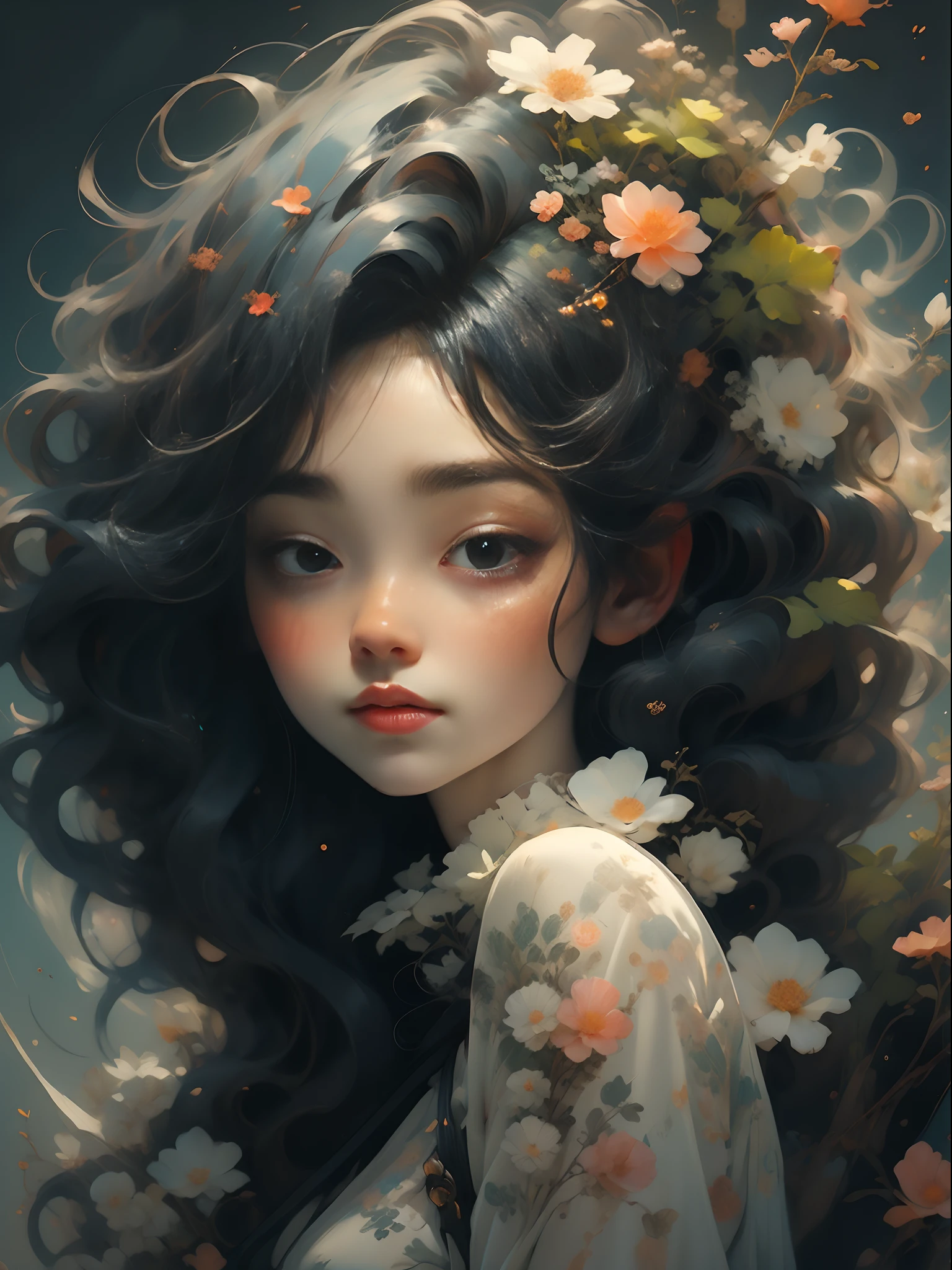 a flirtatious young lady touching a flower, in the style of digital painting and drawing, anime aesthetic, thai art, aurorapunk, mono-ha, serene faces --ar 81:128 --s 50 --style expressive