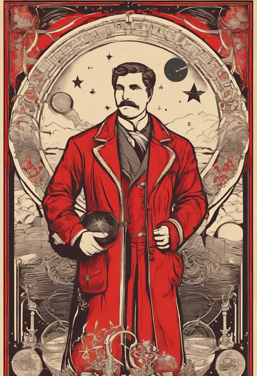 A scientist in a scientific coat turned his back to us，looking at the stars，hard core，Technologie，Red monochrome,USSR Poster,urss,communism