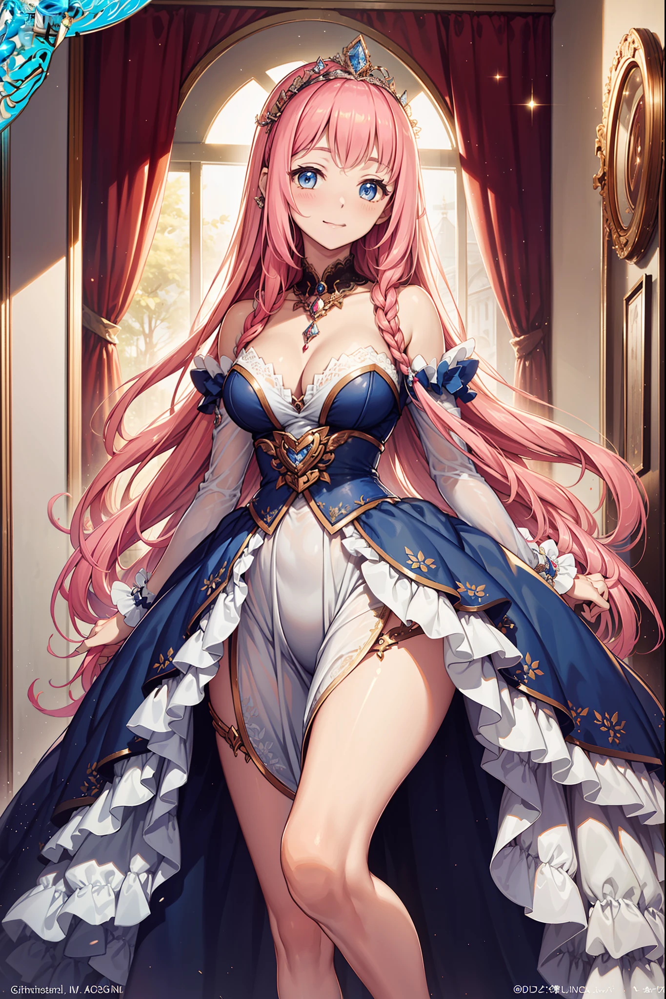 (Best quality, A high resolution, Textured skin, High quality, High details,Extremely detailed CG unity),teens girl，Enchanted，Divine happiness，Being in love，(Light Victorian princess dress:1.2)，Pink hair，eBlue eyes，(Gorgeous tiara of the princess)，Maximalism，Multiple layers of delicate ruffles，Lots of lace，Multi-colored cloth，Delicate embroidery，Delicate pattern，exquisite costumes，see-through transparent clothes，Bedrooms，the night，glittery，(Dazzle:1.2)，Movie lighting，the night，solo person，Fluttering skirt，