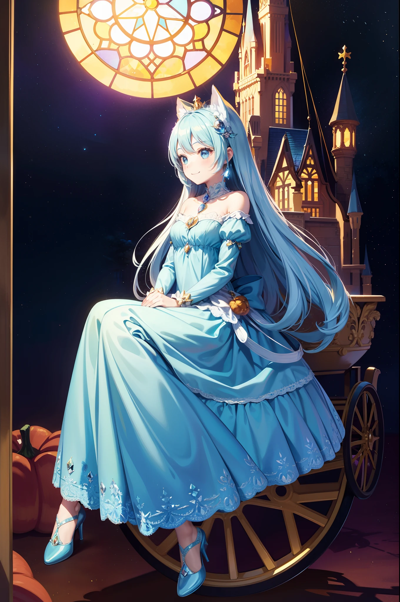 Pumpkin carriage,(Pumpkin carriage on background),Fairy World,Stained glass background、one girls,adorable smiling, Cinderella,Light blue long hair, Twin-tailed,Long Blue Crystal Dress,Moonlight,Long steps,Crystal Shoes,