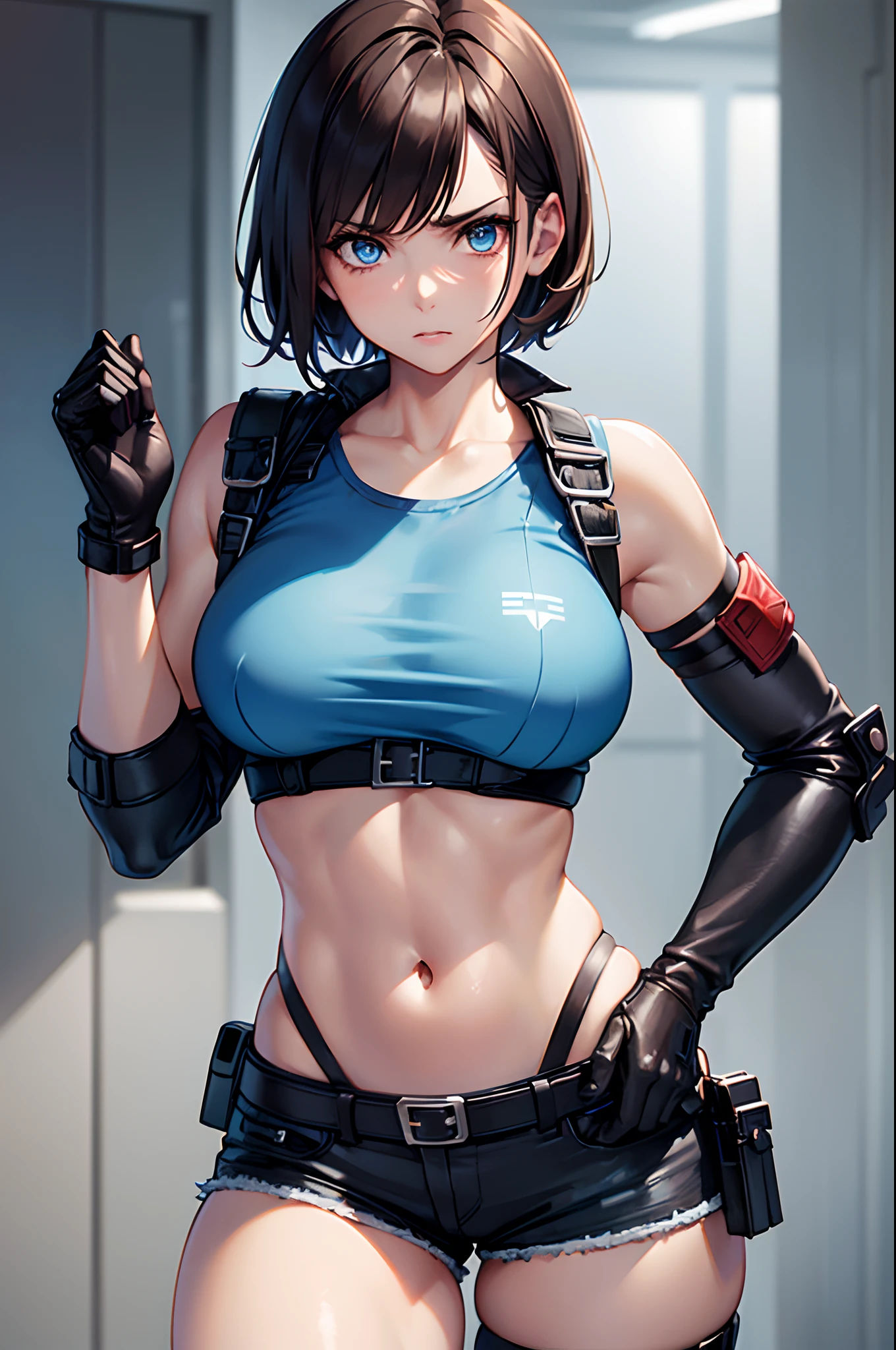 1girl,short hair,jill,valentine,tank top,short shorts,gloves,serious face,sexy body,police badge,blood,zombie,resident evil,brown hair,looking at viewer,8k,cleavange blue,asymmetrical hair,blue eyes,jill valentine,redesing.