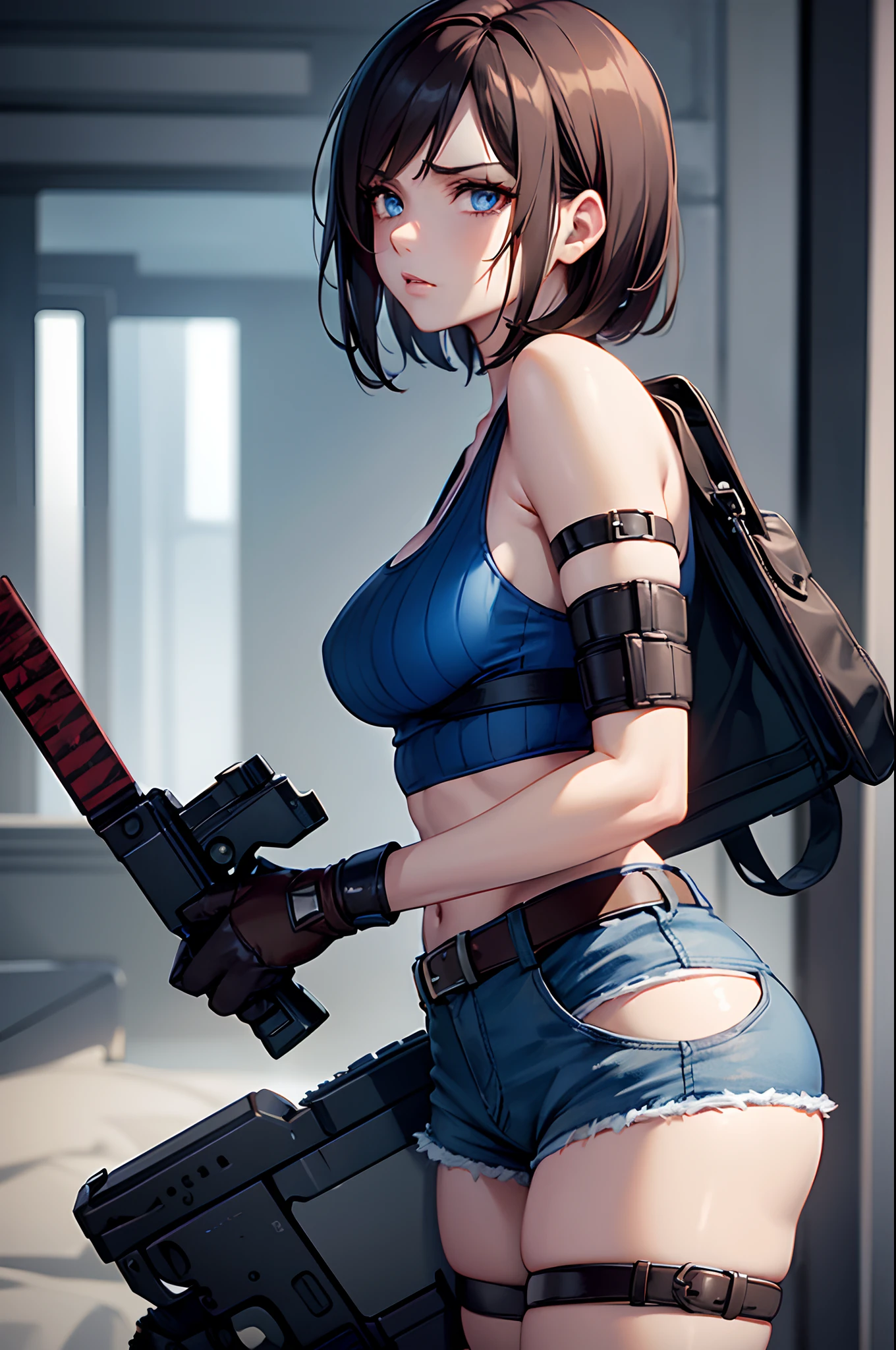 1girl,short hair,jill,valentine,tank top,short shorts,gloves,serious face,sexy body,police badge,blood,zombie,resident evil,brown hair,looking at viewer,8k,cleavange blue,asymmetrical hair,blue eyes,jill valentine,redesing.