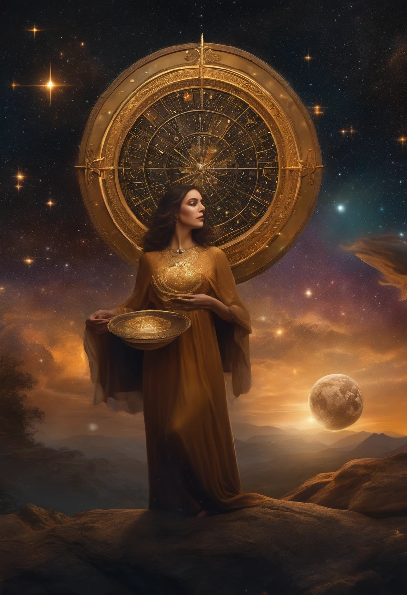 Artwork, surrealism, highly detailed, intricate details, oil painting, best quality, cosmic, starry, a woman holding a two-plate scale, pound sign concept, golden ratio, beautiful, cosmic concept, 8k, cinematic light, starry background, vibrant colors, UHD, by Greg Rutkowski