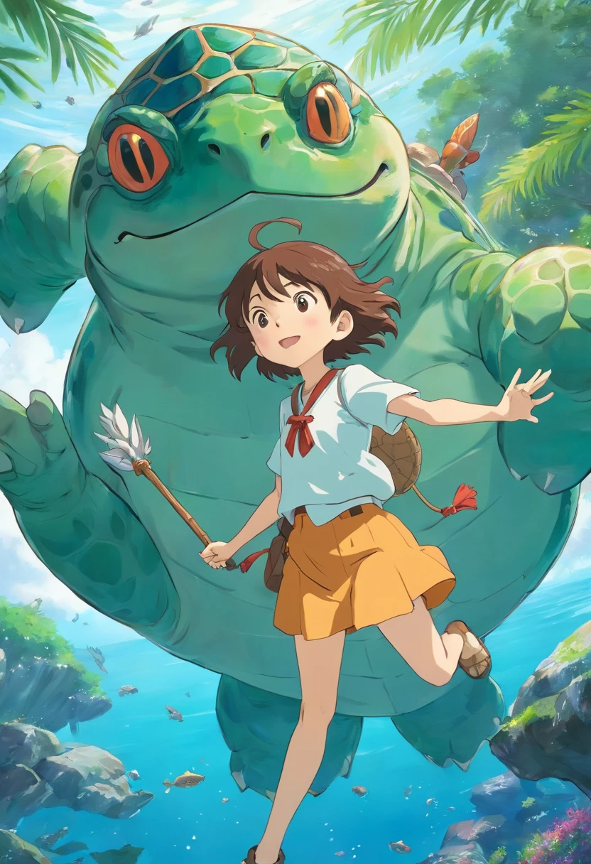 A beautiful fusion monster,Glans head,The limbs are frog palms,Carrying a turtle shell,anthropomorphic turtle,warriors,Fantastical colors,Natural,Take the Sea King Trident,Stand on the sea with your waist crossed