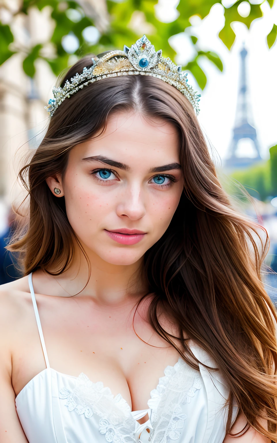 RAW,, Nikon Z 85mm, award-winning glamor photography, ((best quality)), ((masterpiece)), ((realistic)), 18th century, vintage image, beautiful French woman wearing, lace dress, wearing a crown, 25 years old, (long brown hair), hazel eyes, sitting outside in a cafe in Paris, eiffel tower in the background, petite, innocent, flower pedals on the air, (freckles :0.6), intricate details, highly detailed, sharp focus, professional, 4k, spring flowers blooming, divine rays, hand model, stunning blue eyes, small, delicate, innocent, high resolution, detailed facial features, high detail, sharp focus, soft , aesthetic, extremely detailed, photo_\(ultra\), photorealistic, realistic, post-processing, maximum detail, roughness, real life, ultra-realistic, photorealism, photography, 8k uhd, photography, SEMI-SILHOUETTE light, russian face