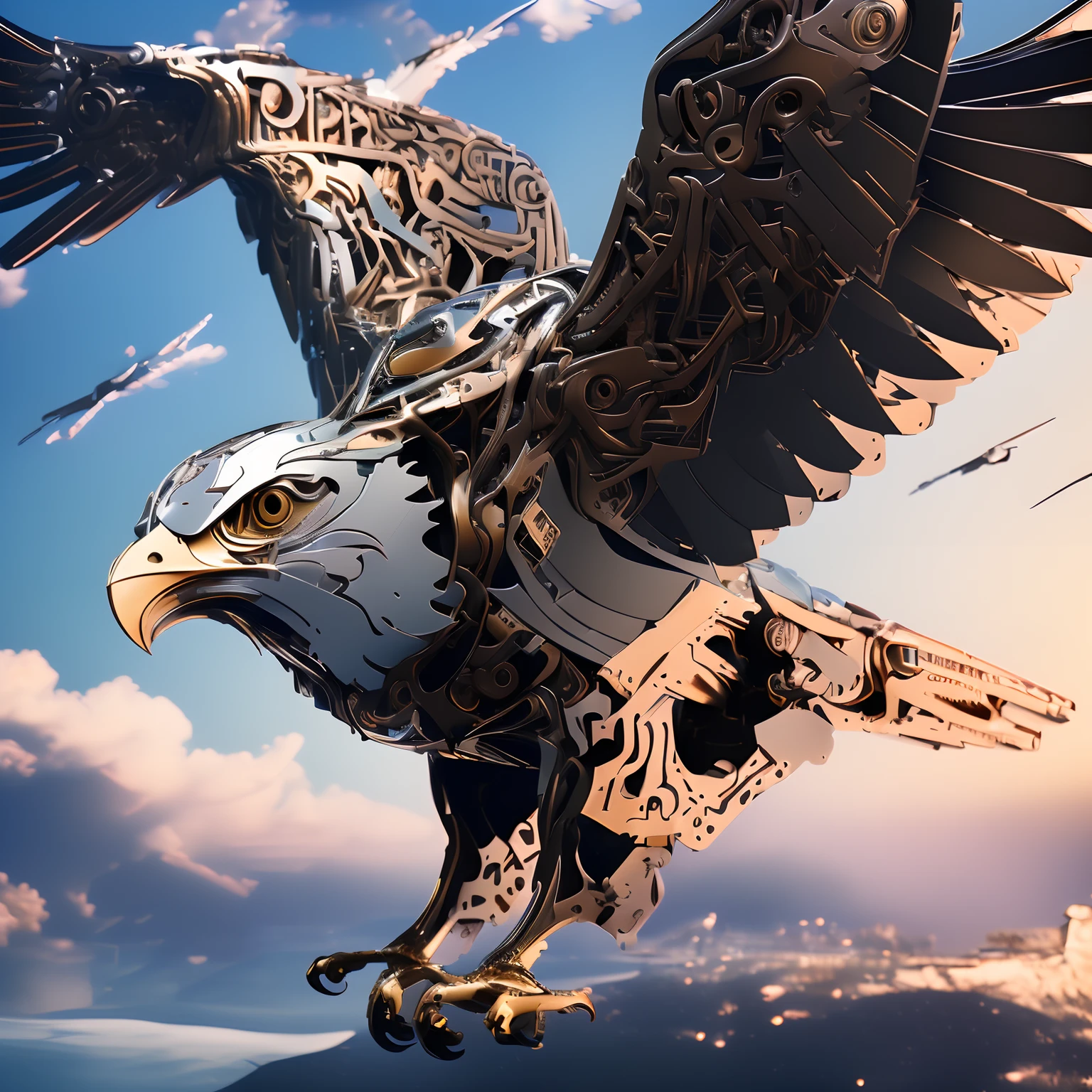 ((Best quality)), ((Masterpiece)), (Very detailed: 1.3), 8K, Giant mechanical eagle, garuda, Wings, eagle claws, feater, Metallic texture, Futuristic style, mechanicalparts, High-tech, Sharp eagle beak，intricately details, Majestic, Flying pose, Dynamic composition, Vibrant colors, Best Lightning Dystopia, Full view, soaring through the sky