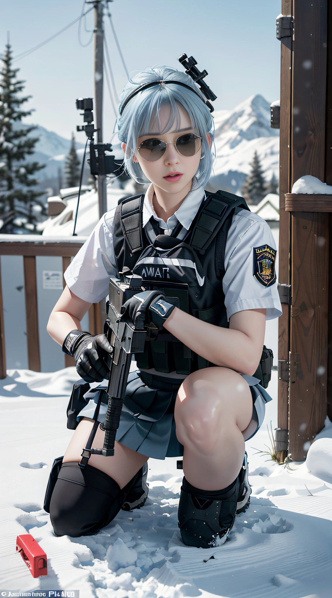 ((Best quality)), (Masterpiece), Photorealistic, Photorealism, A girl kneels and aims with an AK-47 assault rifle, Mini skirt, (upper legs), Photorealistic, high resolution,Snow background, looking to the camera, (Detailed face), Short light blue hair, SWAT vests, Gun, jewelry，Black gloves, sunglasses on head, Fingers are occluded