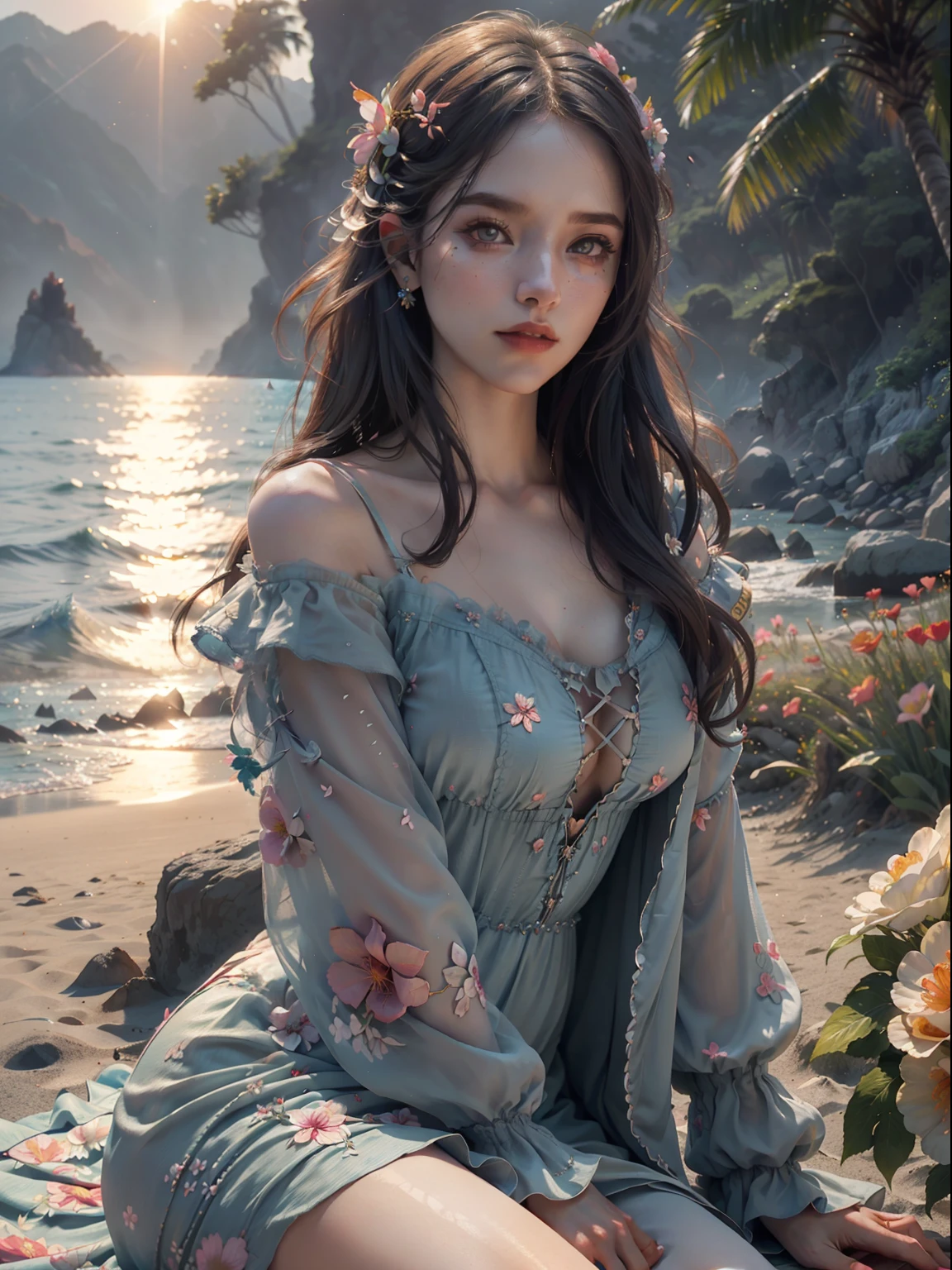 lndswgnr_V1.0, (Sharp focus: 1.5), (Sharp focus:1.2), Portrait, Attractive young woman, (Beautiful face:1.1), Detailed eyes, lusciouslips, (Eye makeup:1.2), (Tight body:1.2), Wearing (flowery dress:1.2) at (sea beach:1.2). (Early morning sun illumination:1.2), Depth of field, Bokeh, 4K, hdr. By (James S. Christensen:1.2|JeremyLipking:1.1).