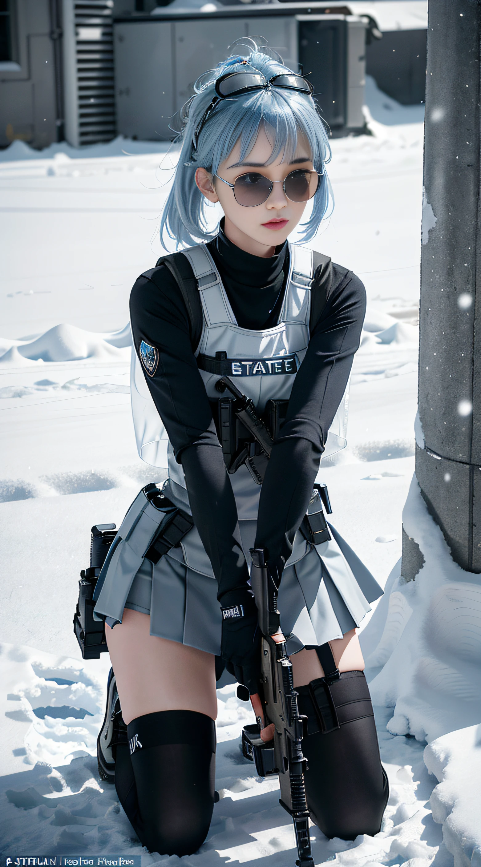 ((Best quality)), (Masterpiece), Photorealistic, Photorealism, A girl kneels and aims with an AK-47 assault rifle, Mini skirt, (upper legs), Photorealistic, high resolution,Snow background, looking to the camera, (Detailed face), Short light blue hair, SWAT vests, Gun, jewelry,Black gloves, sunglasses on head, Fingers are occluded