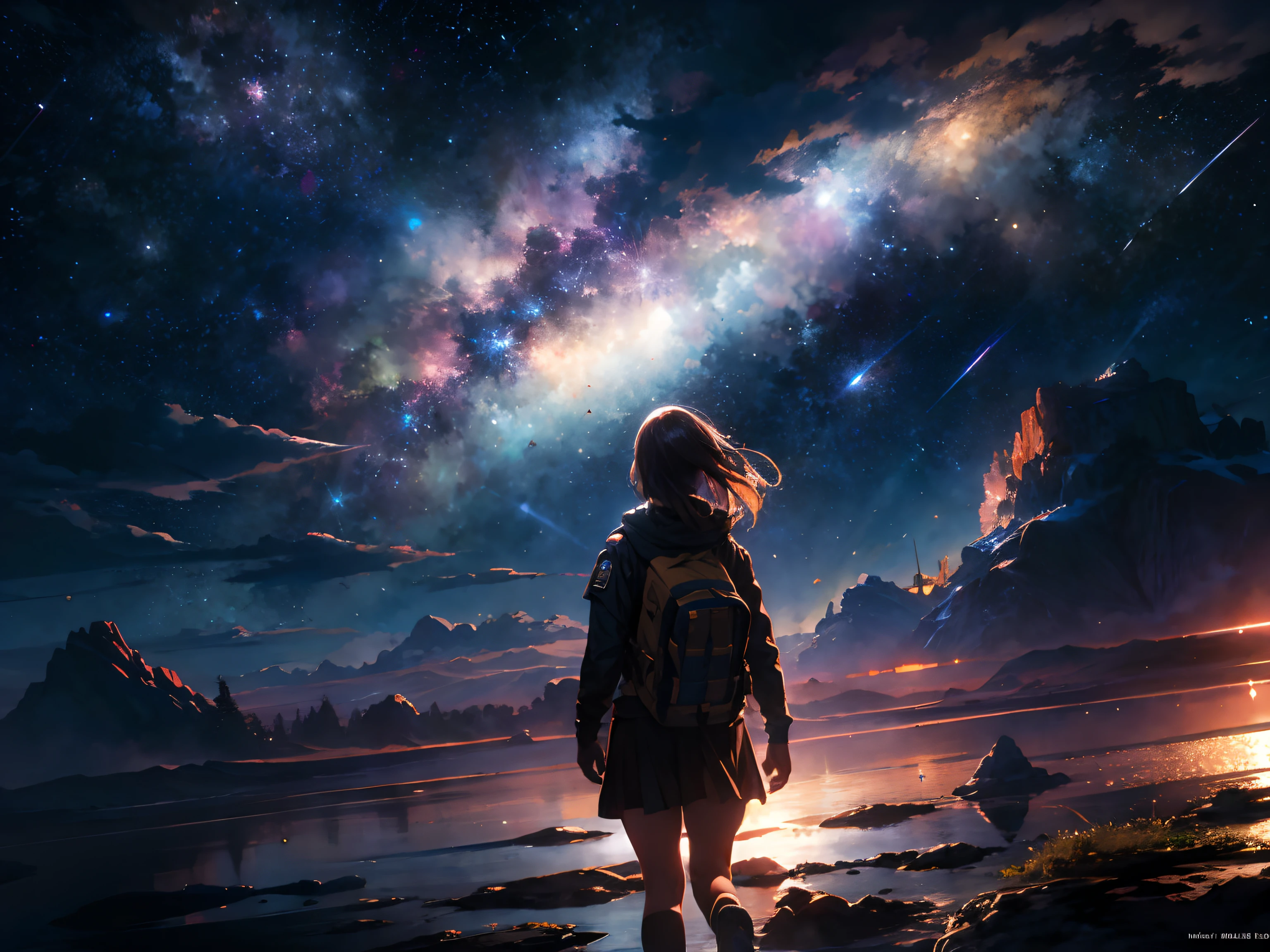 Draw a young female programmer, standing on a research platform floating in the middle of an asteroid belt, turn her front on viewers , from behind,surrounded by several spaceships glowing with fiery auras BREAK Dramatic lighting from distant stars and planets illuminates the scene, casting deep shadows on the suit, looking at the vast and mysterious universe with wonder and respect,BREAK,Detailed,Realistic,4k highly detailed digital art,octane render, bioluminescent, BREAK 8K resolution concept art, realism,by Mappa studios,masterpiece,best quality,official art,illustration,ligne claire,(cool_color),perfect composition,absurdres, fantasy,focused,rule of thirds