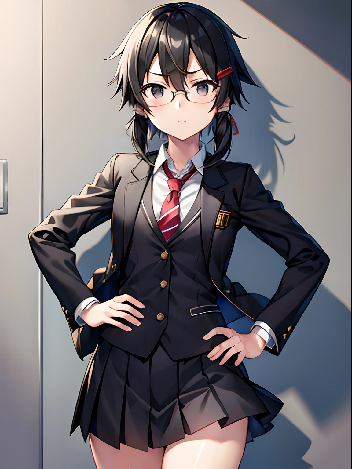 Masterpiece, best quality, shino asada, (black eyes:1.5), black hair, hair between eyes, hair ribbon, short hair, sidelocks, glasses, hairclip, blazer, black jacket, black skirt, jacket, necktie, pleated skirt, red necktie, ribbon, school uniform, skirt, tress ribbon, serious, hand on hip, shiny pupils, eyelash, skinny legs,