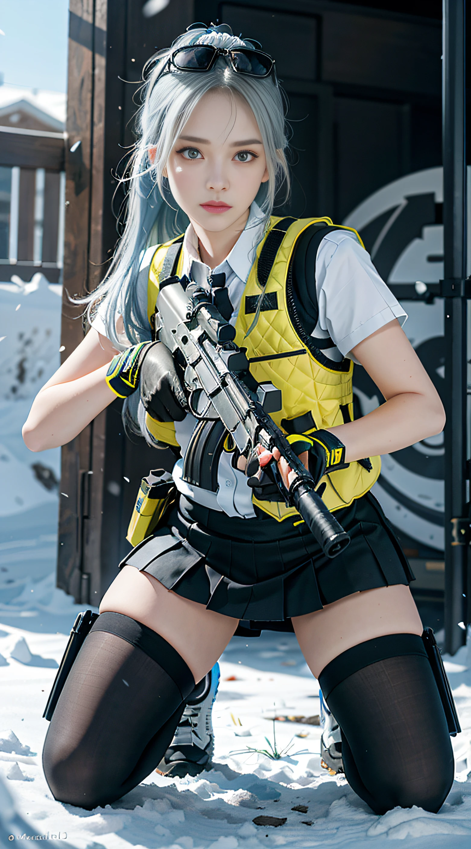 ((Best quality)), (Masterpiece), Photorealistic, Photorealism, A girl kneels and aims with an AK-47 assault rifle, Mini skirt, (upper legs), Photorealistic, high resolution,Snow background, looking to the camera, (Detailed face), Light blue and anole-length hair, SWAT vests, Gun, jewelry,Black gloves, sunglasses on head, Fingers are occluded