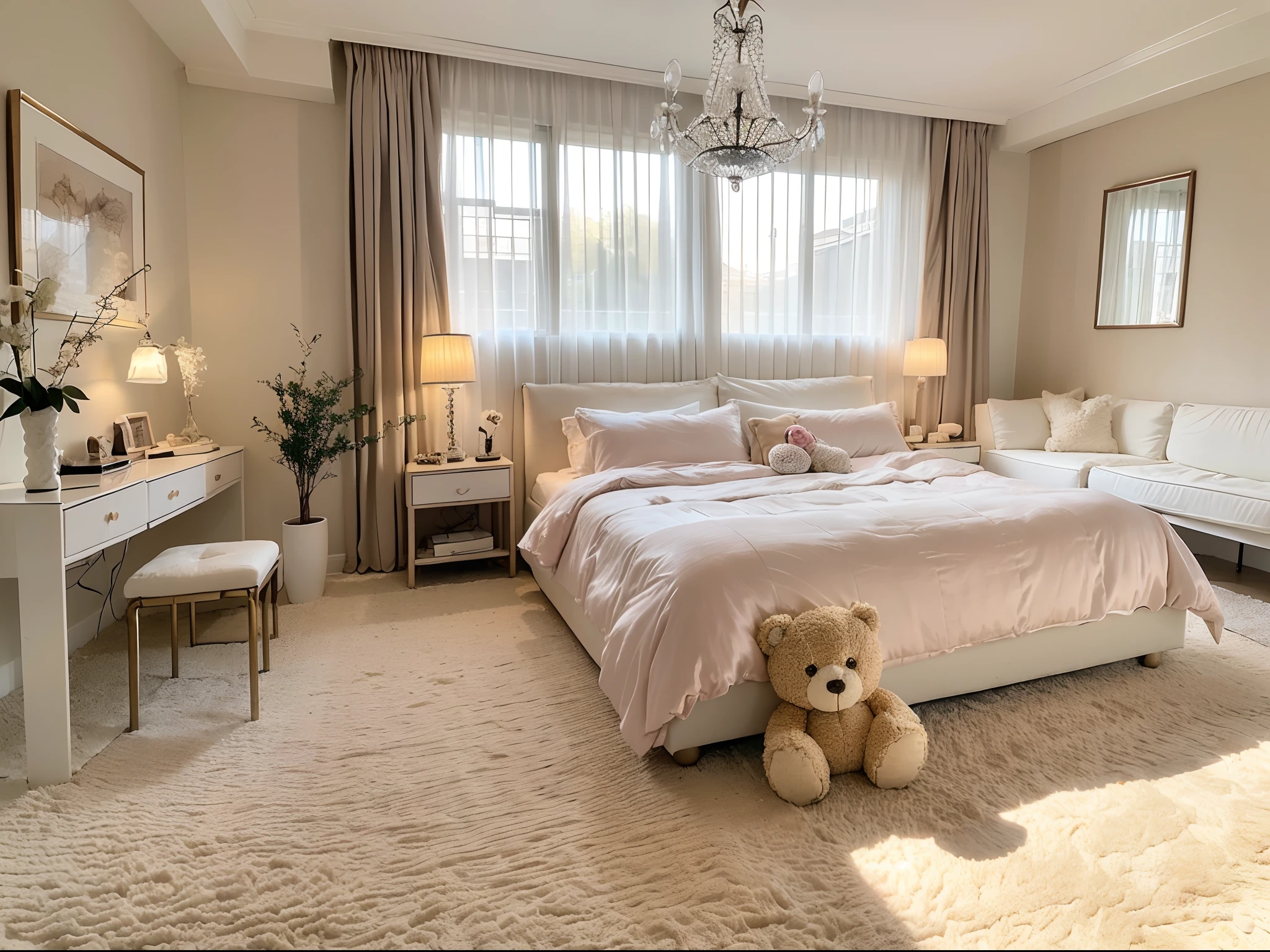 (a dreamy, whimsical, fairytale-like bedroom),(crystal chandelier:1.1),(elegant pink satin bedding),(soft, comfortable scent),(fluffy white wool carpet),(a cute teddy bear lying on the floor),(sunlight streaming through the window),(creating a beautiful angelic shadow on the wall),(as if it could really fly)