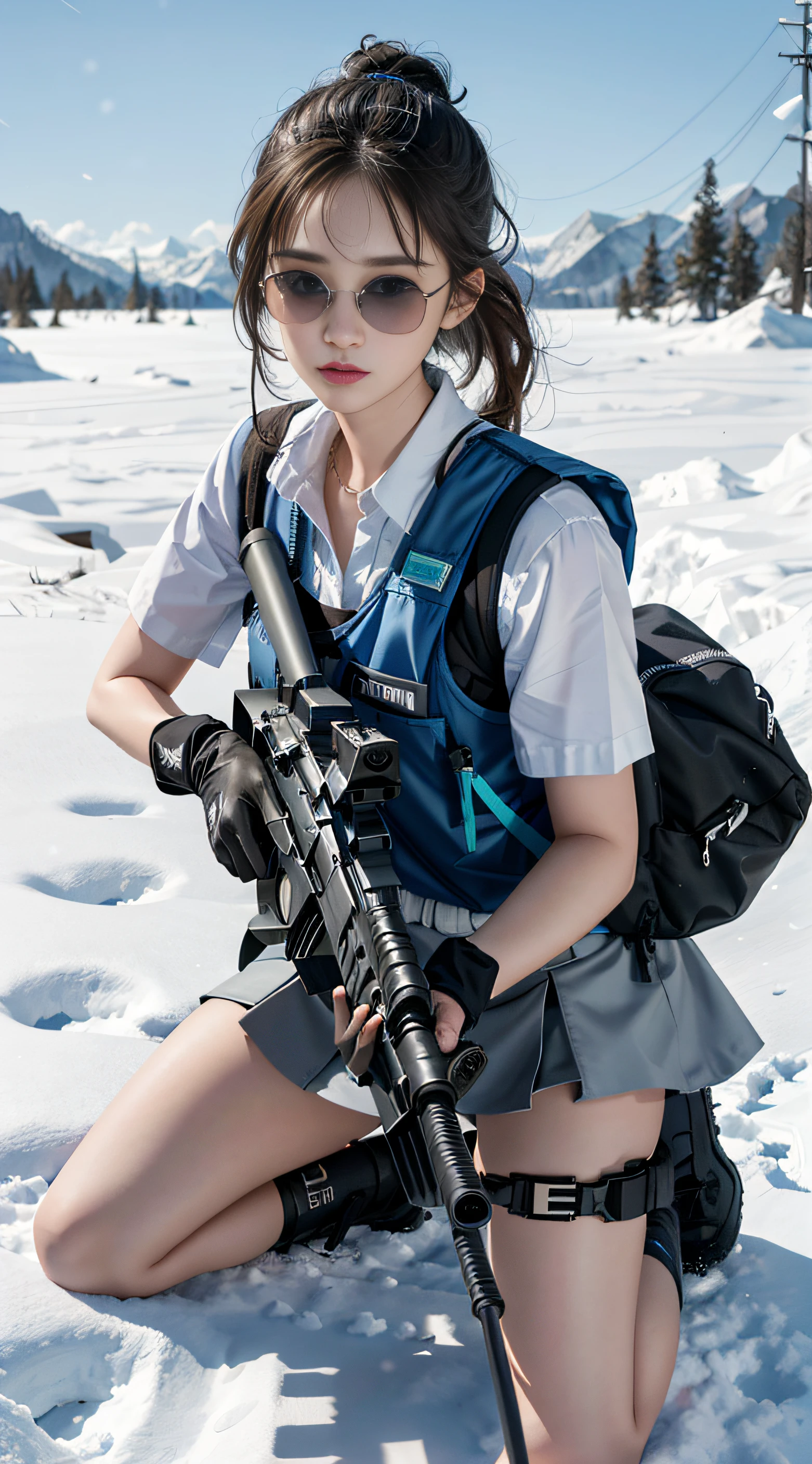 ((Best quality)), (Masterpiece), Photorealistic, Photorealism, A girl kneels and aims with an AK-47 assault rifle, Mini skirt, (upper legs), Photorealistic, high resolution,Snow background, looking to the camera, (Detailed face), Light blue and anole-length hair, SWAT vests, Gun, jewelry，Black gloves, sunglasses on head, Fingers are occluded