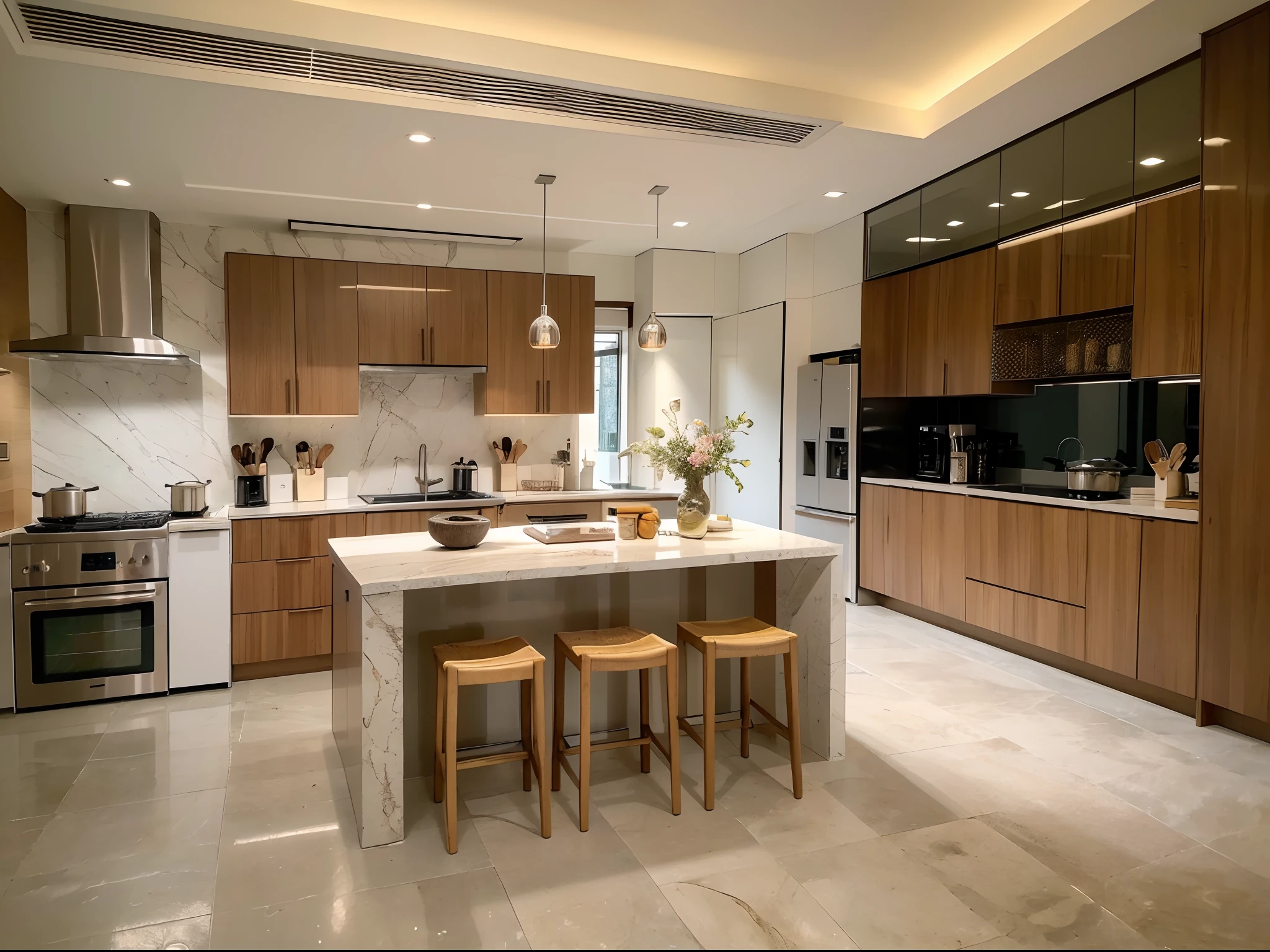 (best quality,4k,8k,highres,masterpiece:1.2),ultra-detailed,realistic,kitchen with state-of-the-art appliances (modern,contemporary with high technology:1.1),exquisite materials,
kitchen space with carefully designed layout,light-filled,open-concept (spacious and airy atmosphere:1.1),elegant cabinet (soft and elegant design:1.1),quartz countertop with flawless smoothness and purity,expansive kitchen island (large, spacious:1.1) at the center,Big Kitchen Island,top-of-the-line German imported tableware and spice bottles beautifully displayed on the island,carefully crafted details in every corner of the kitchen,chef's dream kitchen,high-end,luxurious aesthetic,
wooden texture in light tones (soft, gentle and harmonious:1.1),professional-grade stainless steel cooking appliances,polished chrome fixtures,subtle ambient lighting (warm, soft lighting:1.1),sparkling clean and organized kitchen,ample storage space,cutting-edge technology,tasteful and sophisticated culinary space,vivid colors that enhance the overall atmosphere,meticulous attention to design details,meticulously selected materials and finishes,seamless integration of functionality and aesthetics,visual appeal combined with practicality,stunning combination of form and function,chic and contemporary style,exquisite craftsmanship.