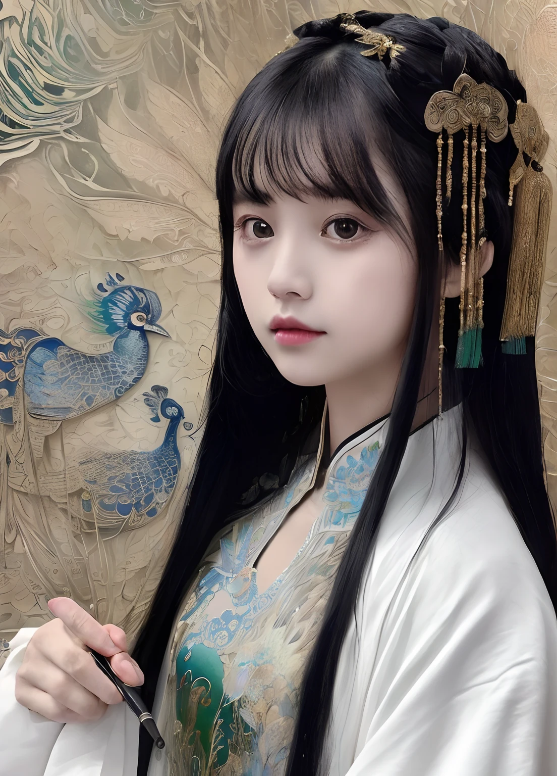 (by Yuko Higuchi:1.4),Higuchi Yuko,(by Yoh:1.2),(masterpiece,best quality,官方艺术,美丽和审美:1.2),(ultra-detailed),finely detail,best illustration,hand drawn high quality,(High contrast),(clean lines:1.3),(lineart),line drawing,(Intricate lines),ligne claire,fractal art,pen drawing,tattoo,(portrait,above the chest,extremely close-up:1.1),1girl,solo,(black long straight hair),green eyes,ancient Chinese clothing,Traditional Chinese Dress,(She is surrounded by peacock feathers),peacocks,(Intricate details),(detailed background:1.2),(colorful:1.0),High Resolution