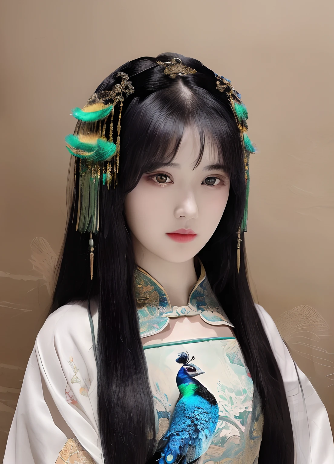 (by Yuko Higuchi:1.4),Higuchi Yuko,(by Yoh:1.2),(masterpiece,best quality,官方艺术,美丽和审美:1.2),(ultra-detailed),finely detail,best illustration,hand drawn high quality,(High contrast),(clean lines:1.3),(lineart),line drawing,(Intricate lines),ligne claire,fractal art,pen drawing,tattoo,(portrait,above the chest,extremely close-up:1.1),1girl,solo,(black long straight hair),green eyes,ancient Chinese clothing,Traditional Chinese Dress,(She is surrounded by peacock feathers),peacocks,(Intricate details),(detailed background:1.2),(colorful:1.0),High Resolution