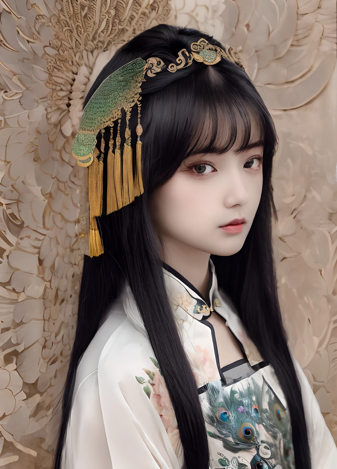(by Yuko Higuchi:1.4),Higuchi Yuko,(by Yoh:1.2),(masterpiece,best quality,官方艺术,美丽和审美:1.2),(ultra-detailed),finely detail,best illustration,hand drawn high quality,(High contrast),(clean lines:1.3),(lineart),line drawing,(Intricate lines),ligne claire,fractal art,pen drawing,tattoo,(portrait,above the chest,extremely close-up:1.1),1girl,solo,(black long straight hair),green eyes,ancient Chinese clothing,Traditional Chinese Dress,(She is surrounded by peacock feathers),peacocks,(Intricate details),(detailed background:1.2),(colorful:1.0),High Resolution