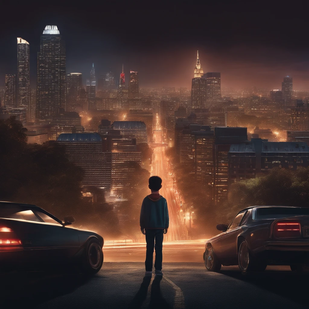 It is set in the night view of the city. Sparkling buildings, Tail lights on cars, The movement of people is represented with a distant skyline.
In the center, a young boy is depicted with his back turned towards the night view. 
The overall color adds a bit of vintage tones