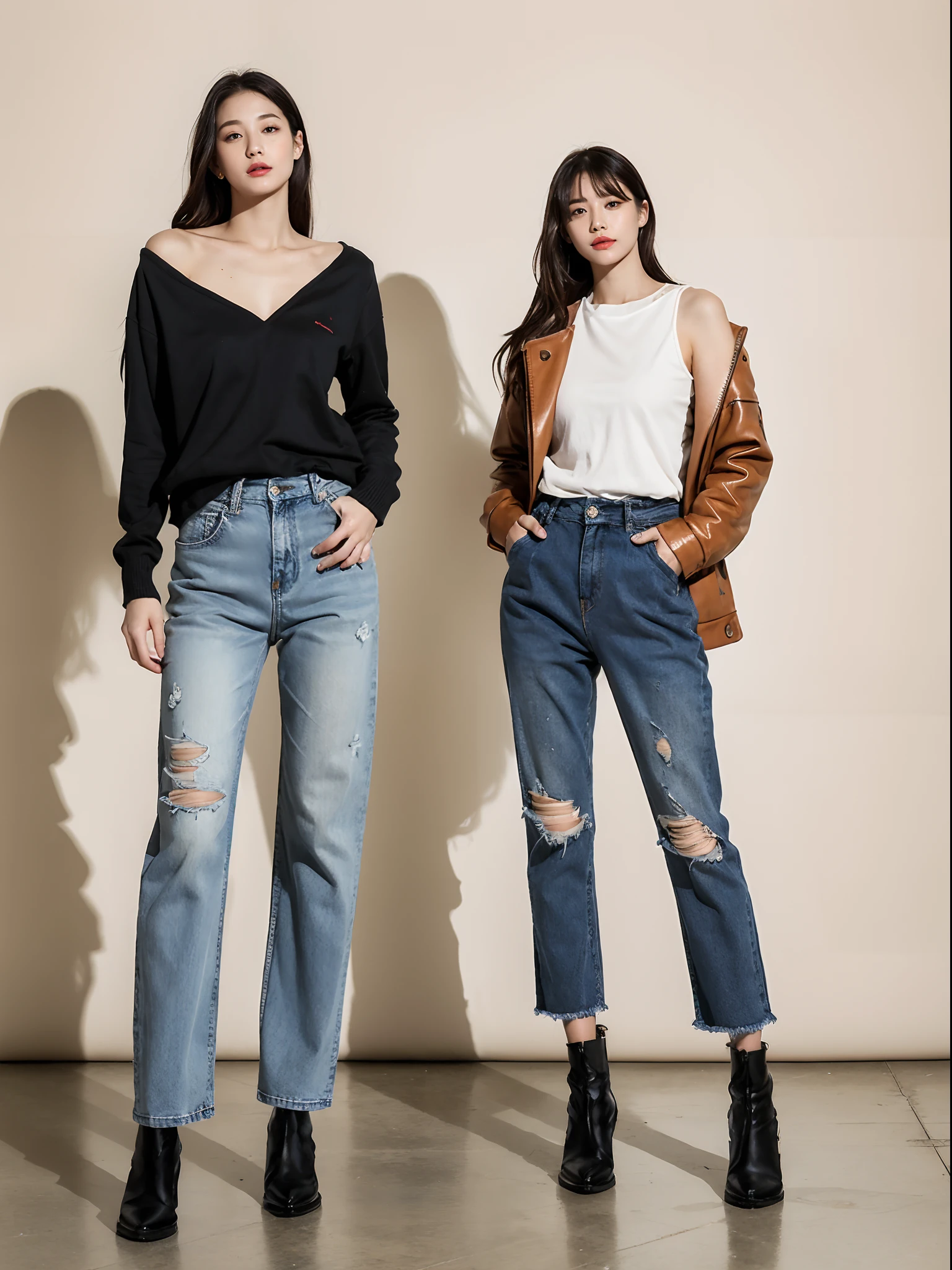 (RAW photo:1.2), (Photorealistic:1.4),Beautiful detailed woman,very detailed eyes and faces, A detailed eye, ultra - detailed,A high resolution, The is very detailed,best qualtiy,illustratio,unified,8k 壁纸,tmasterpiece,best qualtiy,1 group of girls standing side by side,full bodyesbian,1girll,Solo,Stylish clothes,leather clothes,denim pant,long whitr hair,Boots,jewely,full bodyesbian,brown hair,Fashionab,Long boots,耳Nipple Ring,standing on your feet,with brown eye,realisticlying