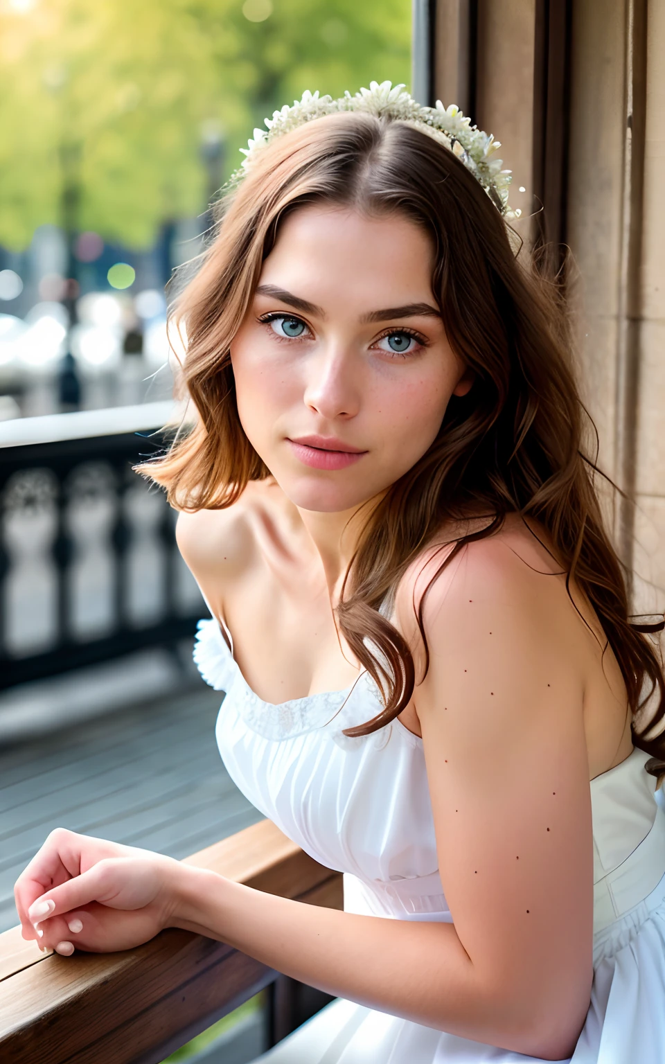 RAW,, Nikon Z 85mm, award-winning glamor photography, ((best quality)), ((masterpiece)), ((realistic)), 18th century, vintage image, beautiful French woman wearing, lace dress, wearing a crown, 25 years old, (long brown hair), hazel eyes, sitting outside in a cafe in Paris, eiffel tower in the background, petite, innocent, flower pedals on the air, (freckles :0.6), intricate details, highly detailed, sharp focus, professional, 4k, spring flowers blooming, divine rays, hand model, stunning blue eyes, small, delicate, innocent, high resolution, detailed facial features, high detail, sharp focus, soft , aesthetic, extremely detailed, photo_\(ultra\), photorealistic, realistic, post-processing, maximum detail, roughness, real life, ultra-realistic, photorealism, photography, 8k uhd, photography, SEMI-SILHOUETTE light, russian face