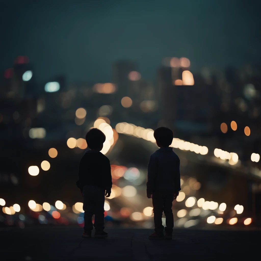 It is set in the night view of the city. Sparkling buildings, Tail lights on cars, The movement of people is represented with a distant skyline.
In the center, a young boy is depicted with his back turned towards the night view.
The overall color adds a bit of vintage tones