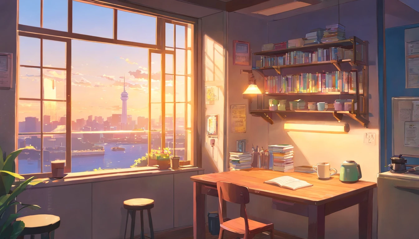 There is a table with a lamp, a lamp, A book and a cup of coffee,There is a window,Anime background art , trending on cgstation, Anime landscape concept art, colorful anime movie background, anime backgrounds,from above