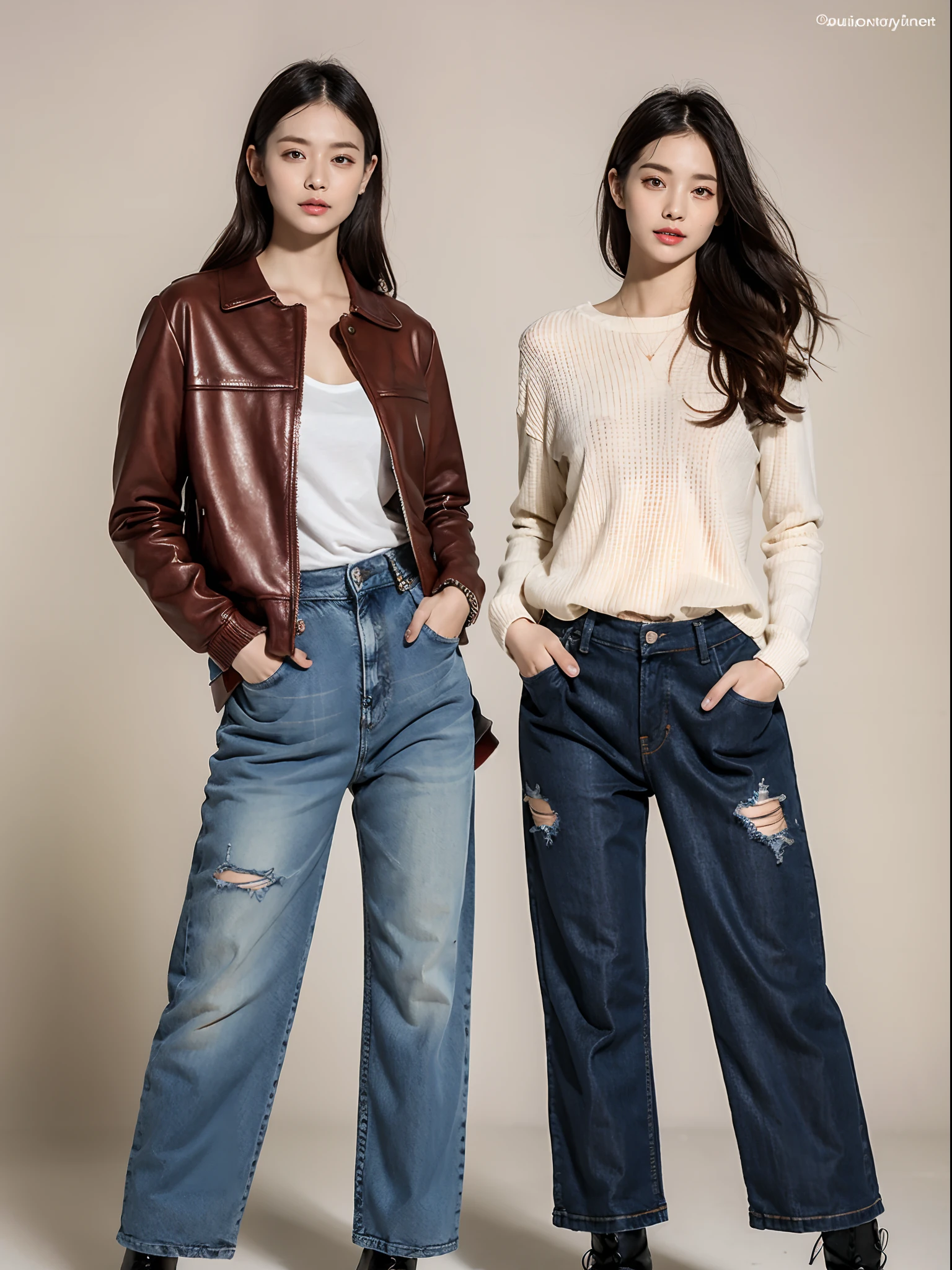 (RAW photo:1.2), (Photorealistic:1.4),Beautiful detailed woman,very detailed eyes and faces, A detailed eye, ultra - detailed,A high resolution, The is very detailed,best qualtiy,illustratio,unified,8k 壁纸,tmasterpiece,best qualtiy,1 group of girls standing side by side,full bodyesbian,1girll,Solo,Stylish clothes,leather clothes,denim pant,long whitr hair,Boots,jewely,full bodyesbian,brown hair,Fashionab,Long boots,耳Nipple Ring,standing on your feet,with brown eye,realisticlying