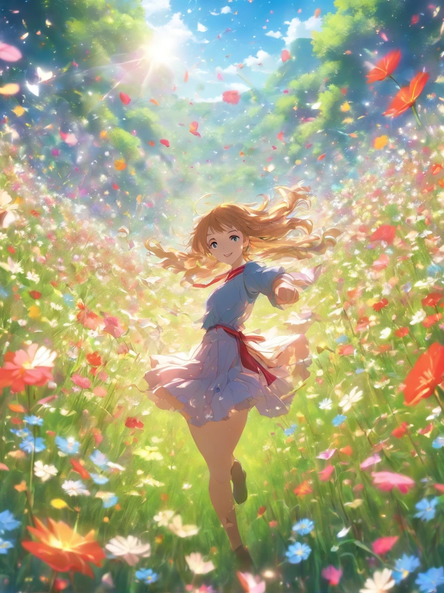 Meadow with dancing petals、appearance々Beautiful flowers、amazing landscape、realistic、a picture、Masterpiece、light Shafts、Fantastical