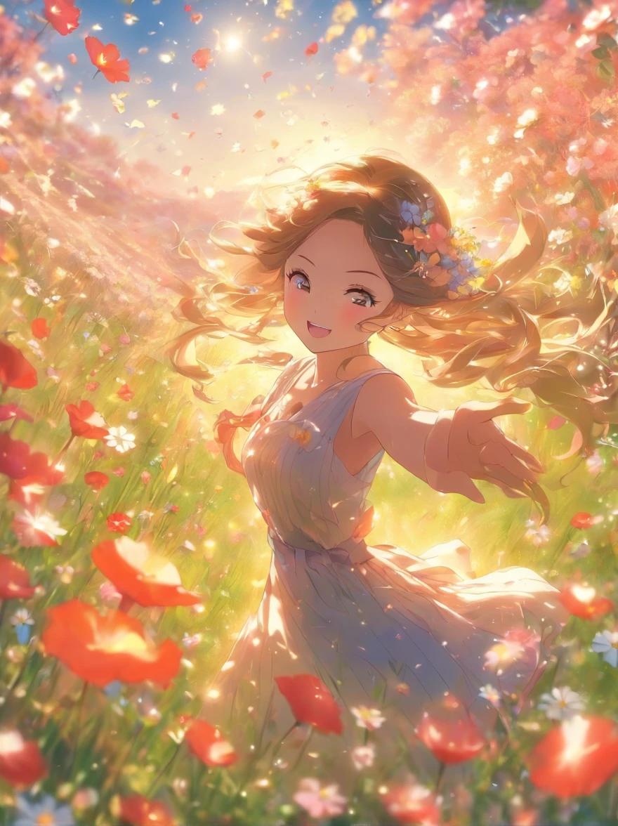 Meadow with dancing petals、appearance々Beautiful flowers、amazing landscape、realistic、a picture、Masterpiece、light Shafts、Fantastical