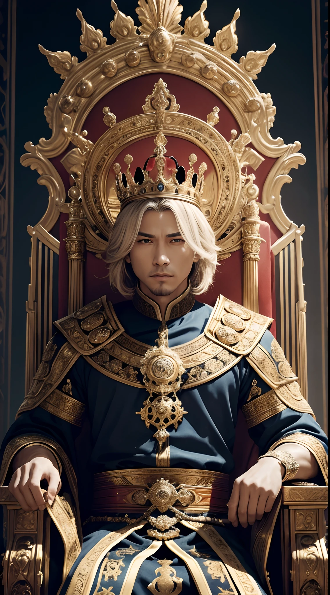 The king sitting on the throne of the royal palace，（splendid，Epic composition），Be intimidating，ornate armour，A palatial crown，vague background，natural  lightting，独奏，Highly detailed 8K