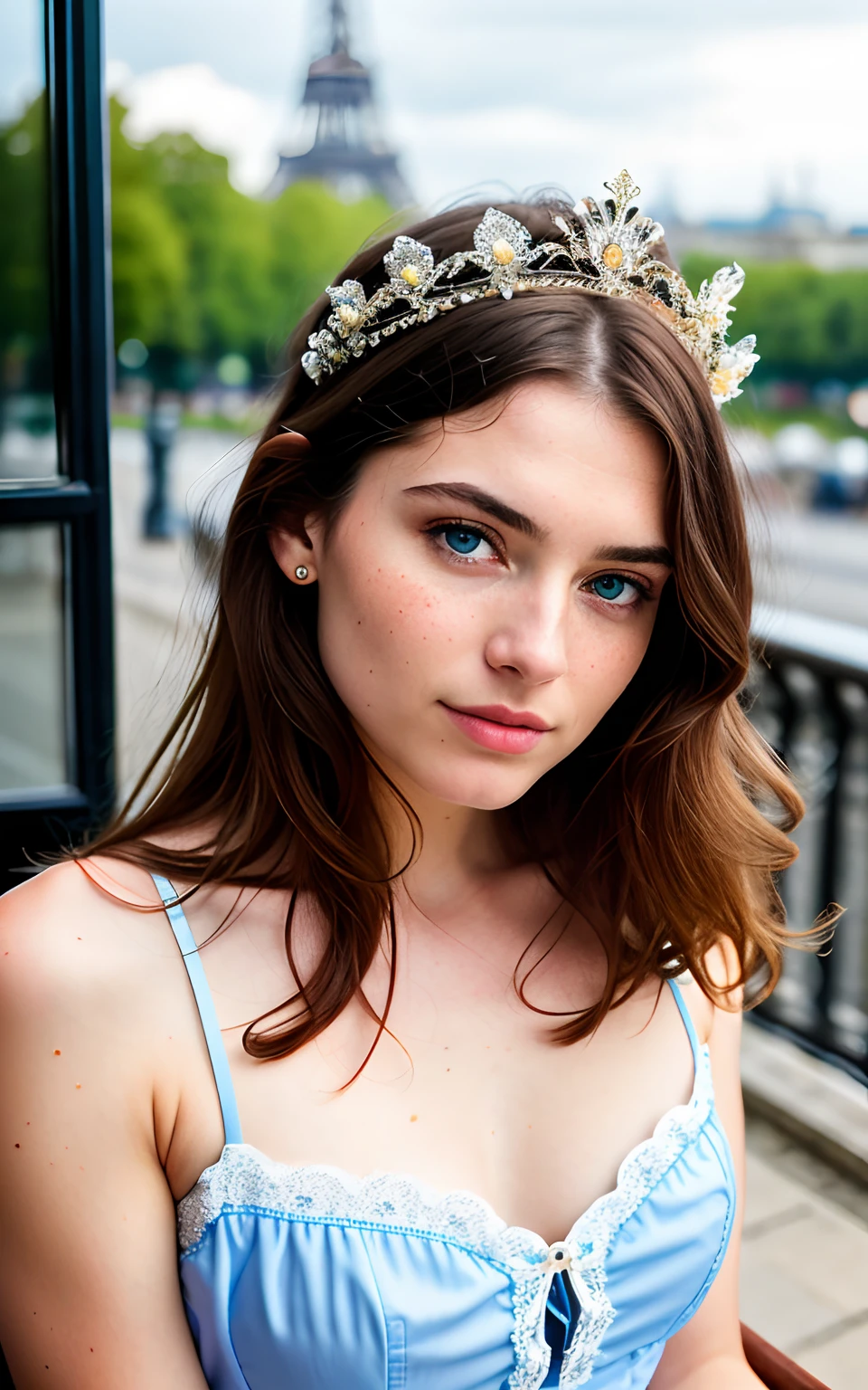 RAW,, Nikon Z 85mm, award-winning glamor photography, ((best quality)), ((masterpiece)), ((realistic)), 18th century, vintage image, beautiful French woman wearing, lace dress, wearing a crown, 25 years old, (long brown hair), hazel eyes, sitting outside in a cafe in Paris, eiffel tower in the background, petite, innocent, flower pedals on the air, (freckles :0.6), intricate details, highly detailed, sharp focus, professional, 4k, spring flowers blooming, divine rays, hand model, stunning blue eyes, small, delicate, innocent, high resolution, detailed facial features, high detail, sharp focus, soft , aesthetic, extremely detailed, photo_\(ultra\), photorealistic, realistic, post-processing, maximum detail, roughness, real life, ultra-realistic, photorealism, photography, 8k uhd, photography, SEMI-SILHOUETTE light, russian face