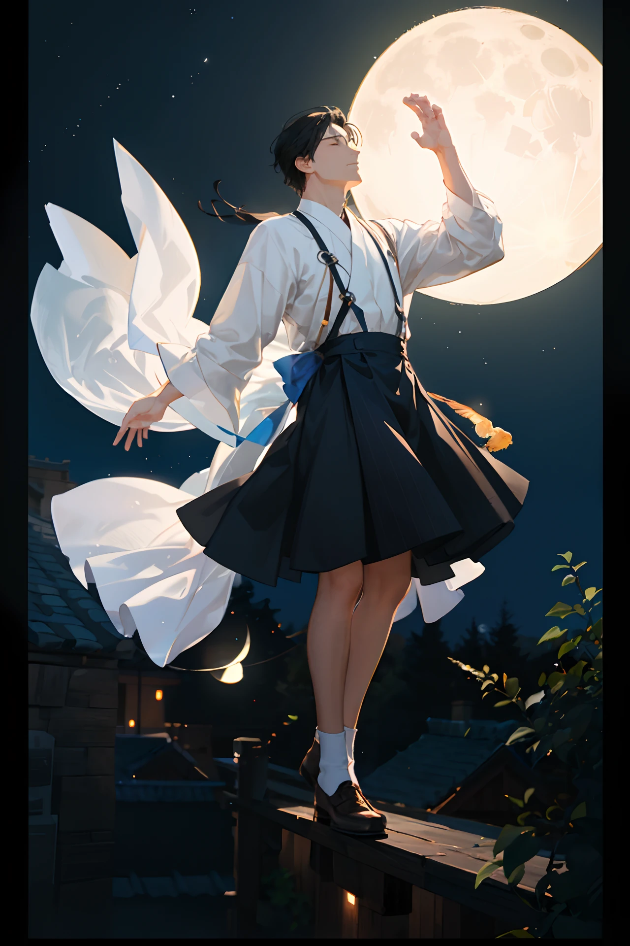 A man floating high in the air，Behind him is the moon，At your feet are the lights of the countryside。
